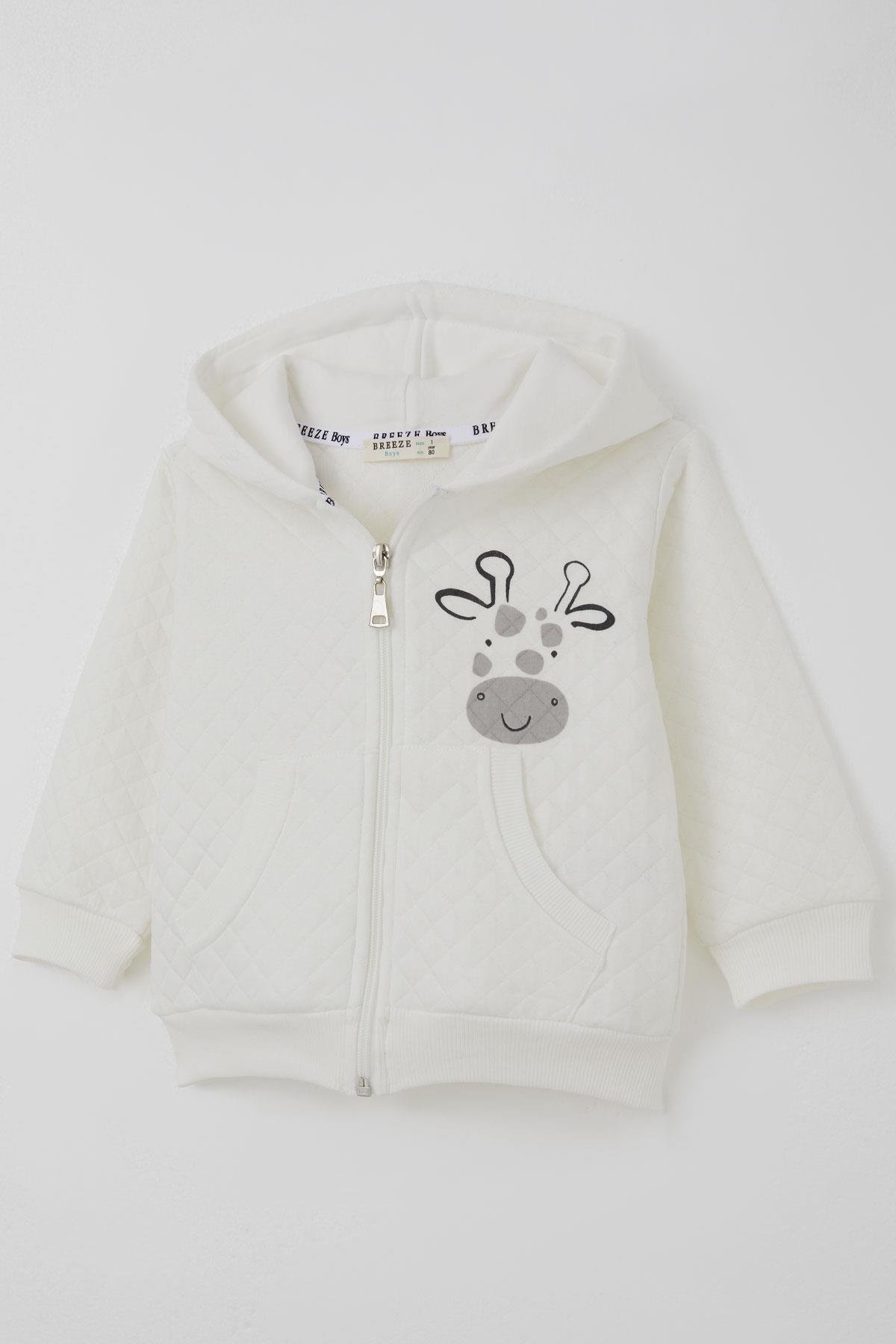 Breeze Erkek Bebek Eşofman Takımı Sevimli Zürafa Baskılı Kapitone Desenli Ekru (6 Ay-1.5 Yaş)