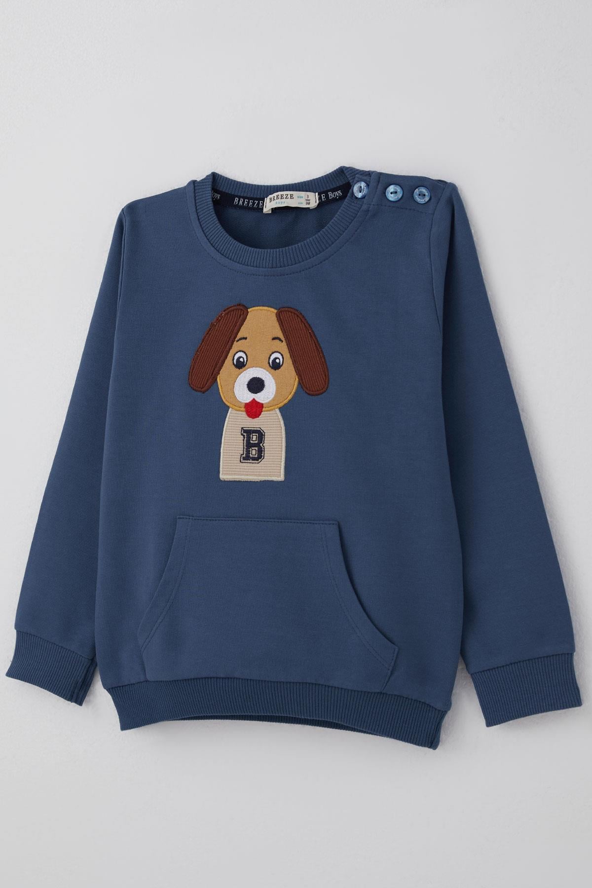 Breeze Erkek Bebek Eşofman Takımı Sevimli Köpekçik Nakışlı Kanguru Cepli İndigo (9 Ay-3 Yaş)