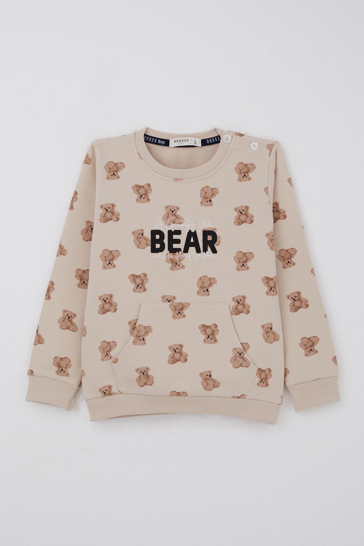 Breeze Erkek Bebek Eşofman Takımı Sevimli Ayıcık Desenli Pantolonu Düğme Aksesuarlı Bej (9 Ay-3 Yaş)