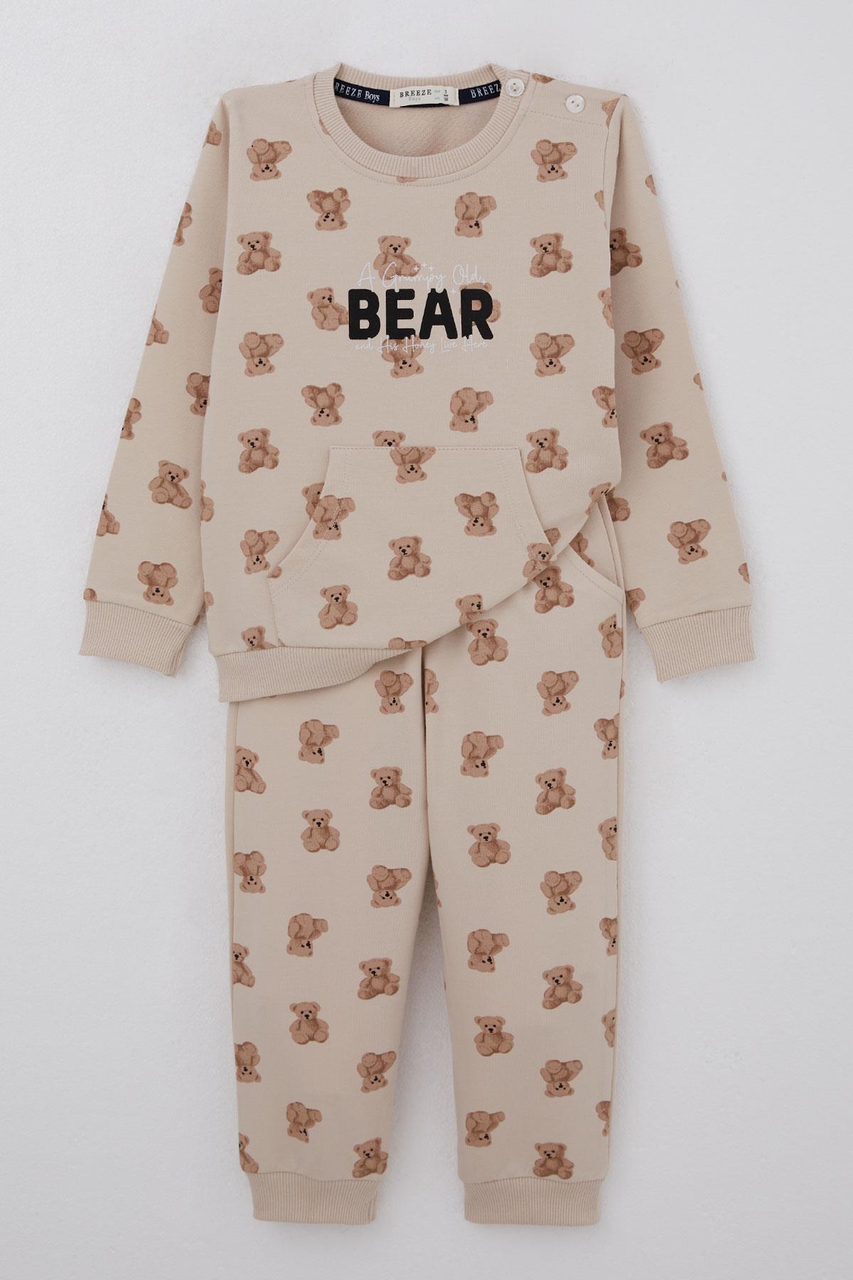 Breeze Erkek Bebek Eşofman Takımı Sevimli Ayıcık Desenli Pantolonu Düğme Aksesuarlı Bej (9 Ay-3 Yaş)
