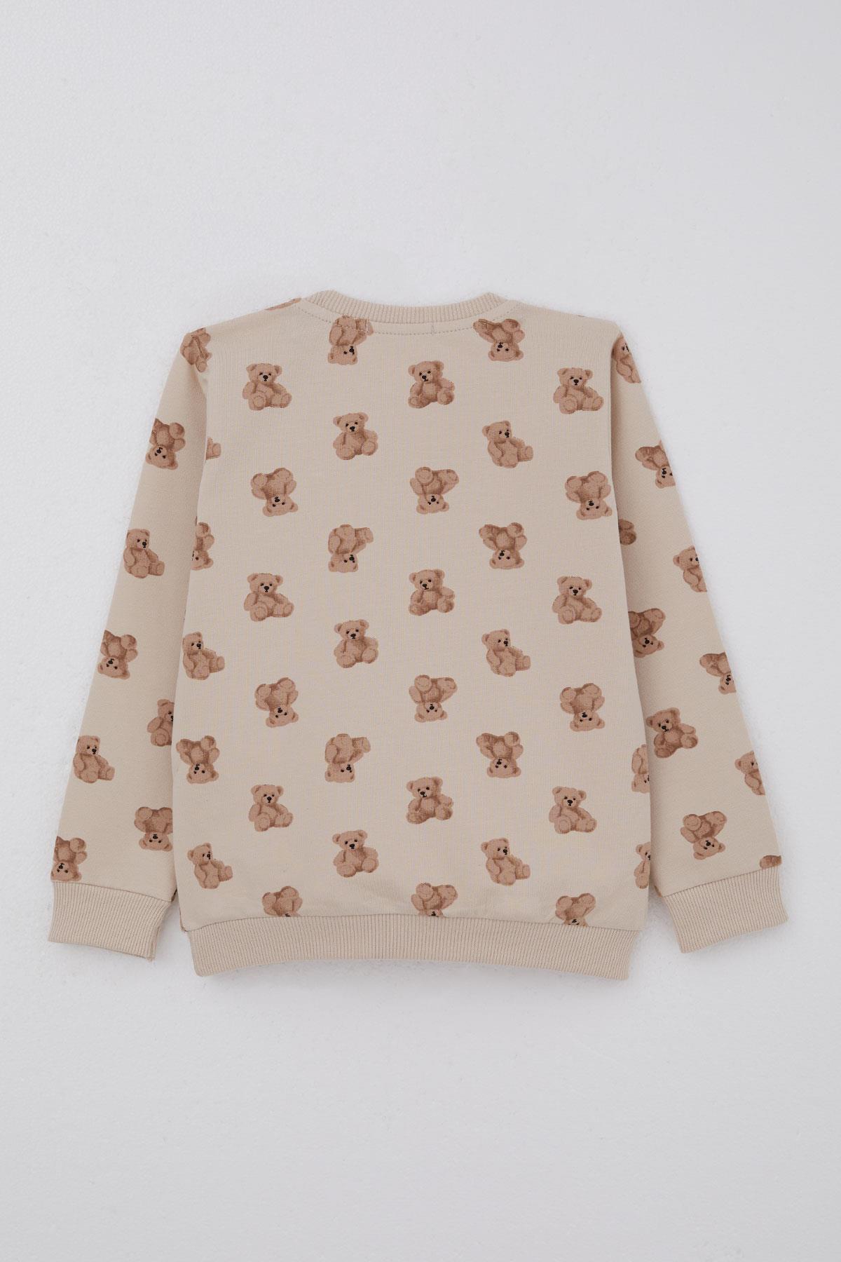 Breeze Erkek Bebek Eşofman Takımı Sevimli Ayıcık Desenli Pantolonu Düğme Aksesuarlı Bej (9 Ay-3 Yaş)