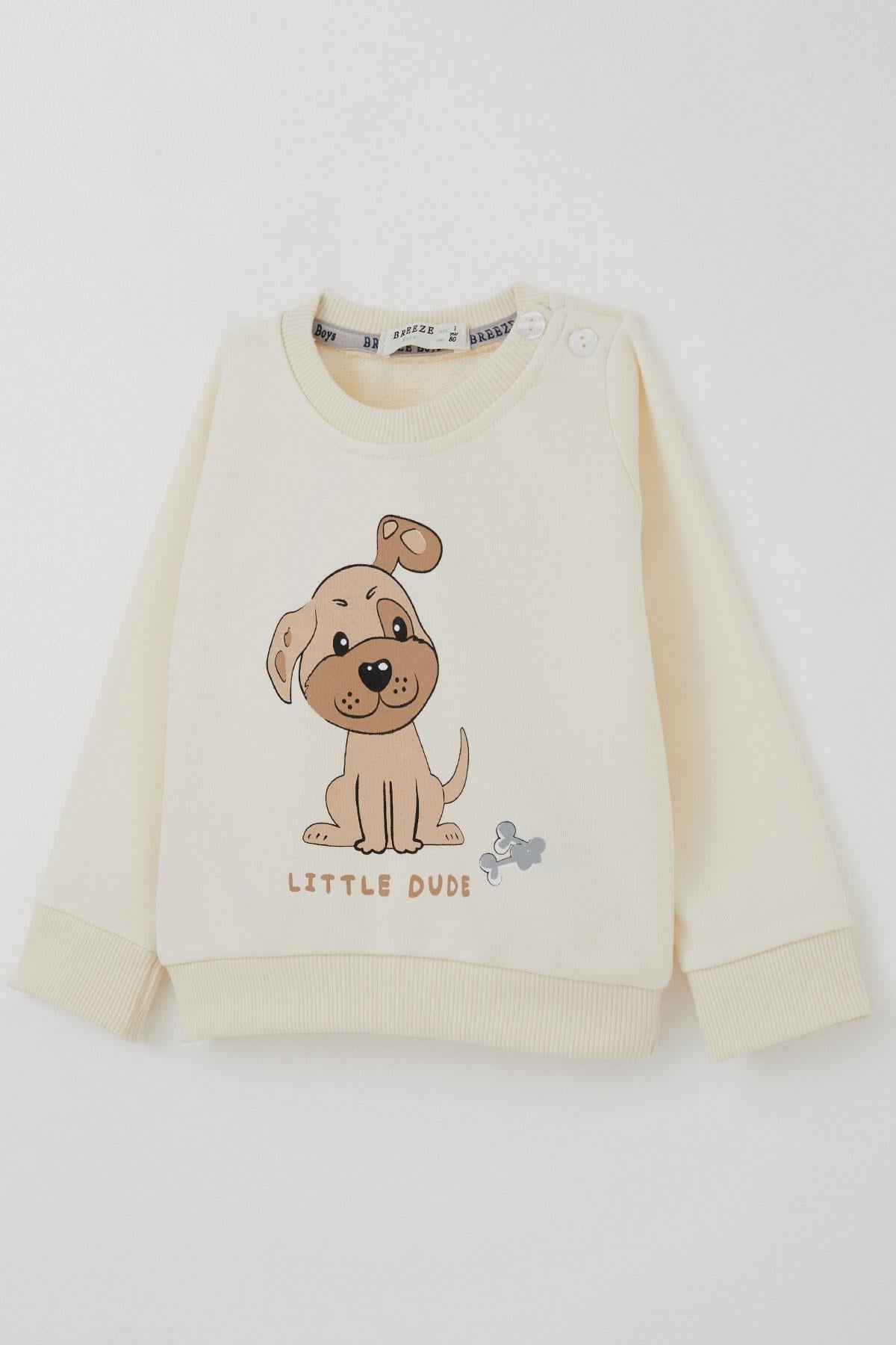 Breeze Erkek Bebek Eşofman Takımı Sevimli Köpekçik Baskılı Krem (6 Ay-2 Yaş)