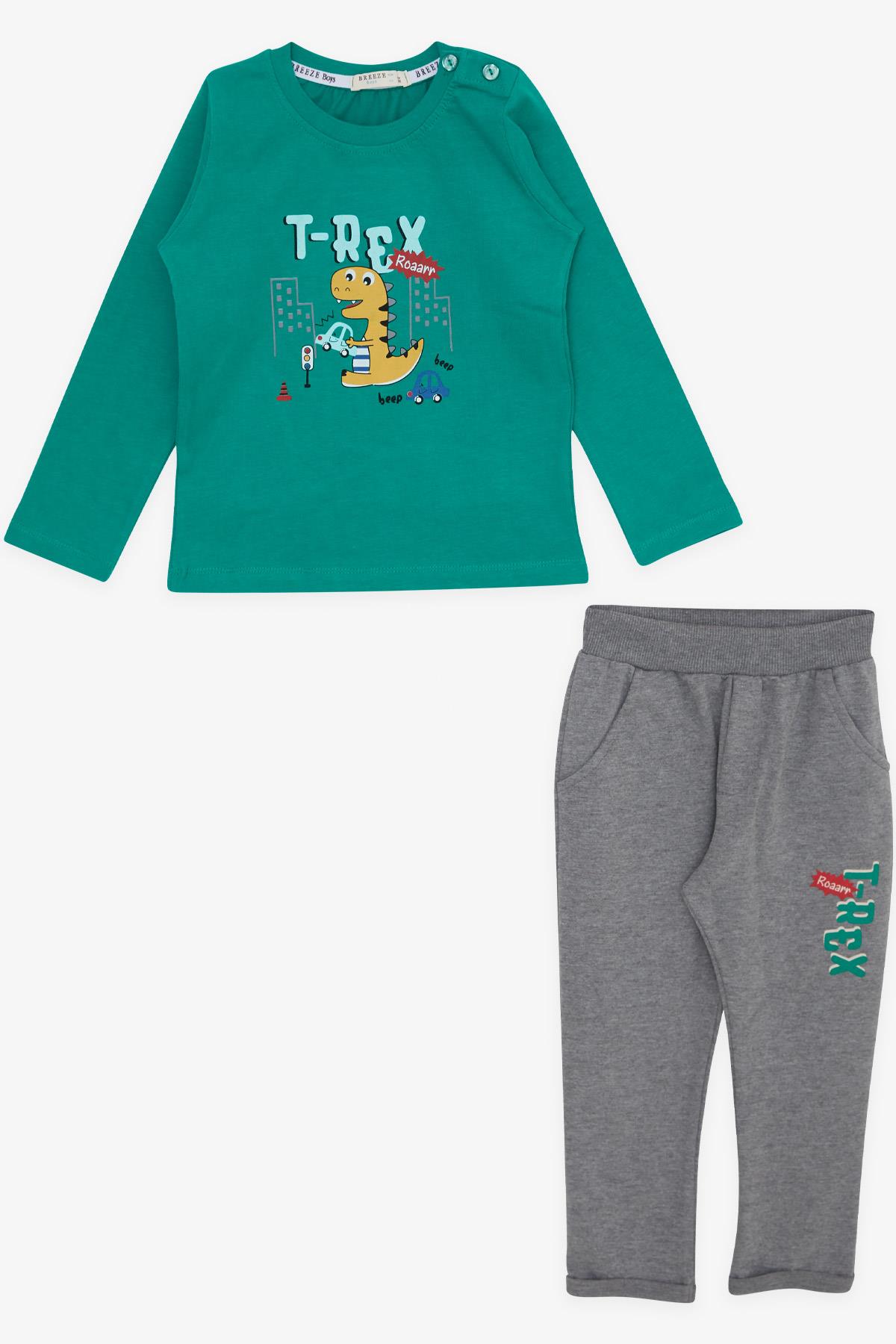Breeze Erkek Bebek Eşofman Takımı Sevimli Dinozor Baskılı Yeşil (9 Ay-3 Yaş)