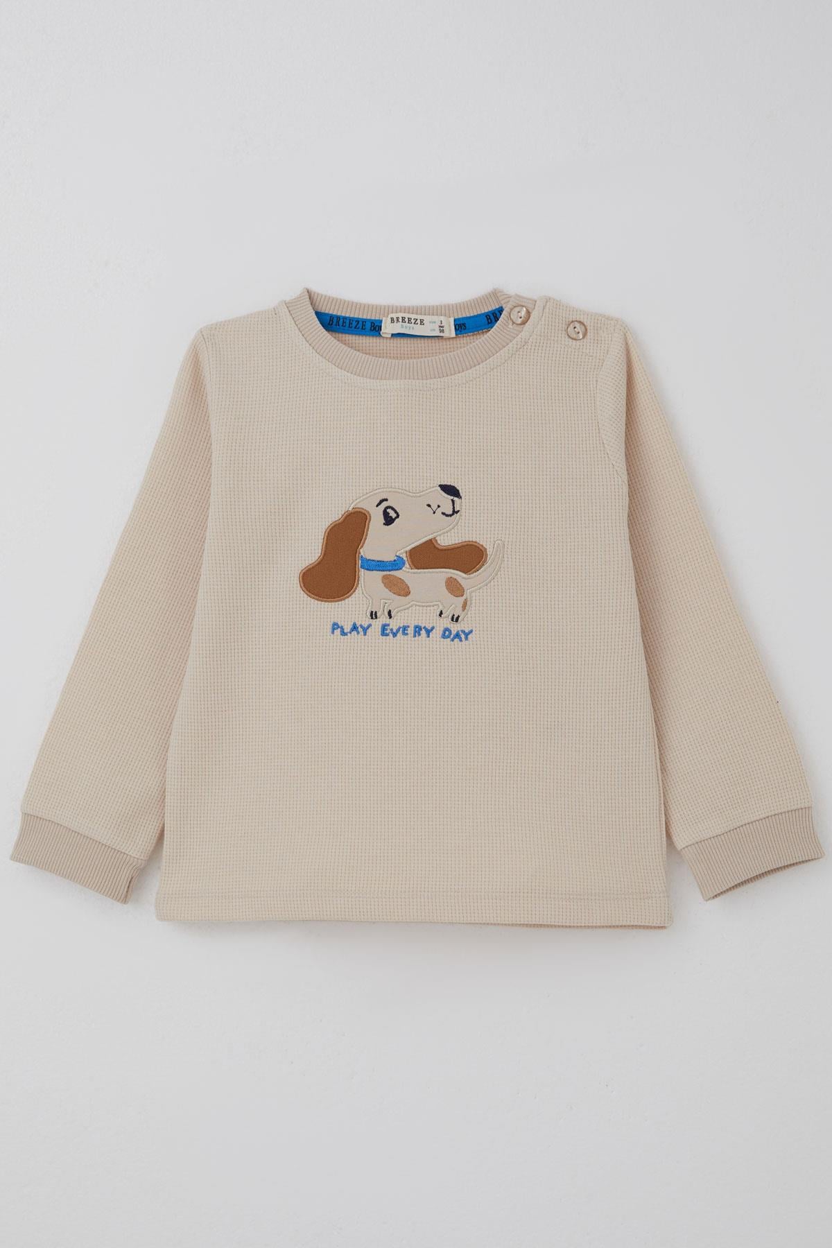 Breeze Erkek Bebek Eşofman Takımı Sevimli Köpekçik Nakışlı Krem (9 Ay-3 Yaş)