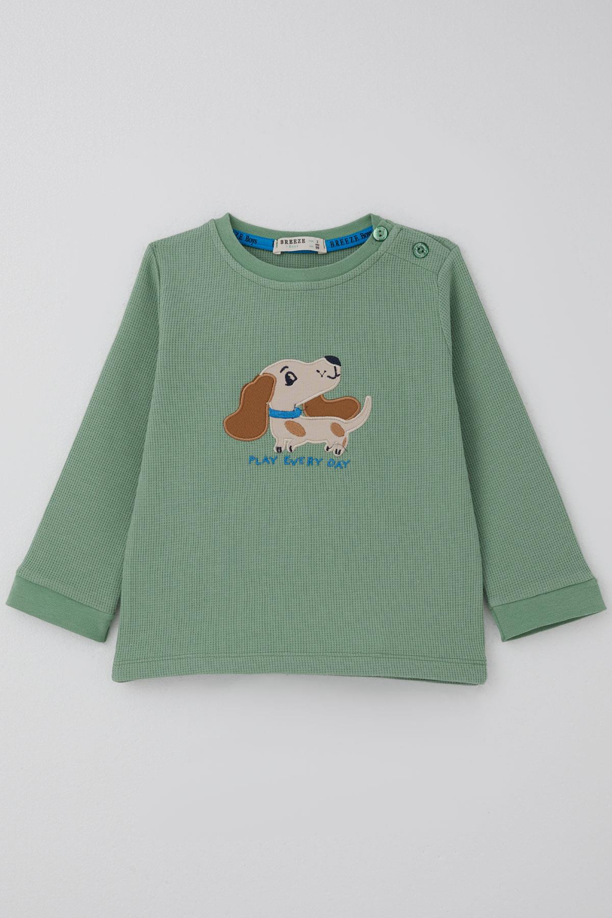 Breeze Erkek Bebek Eşofman Takımı Sevimli Köpekçik Nakışlı Mint Yeşili (9 Ay-3 Yaş)
