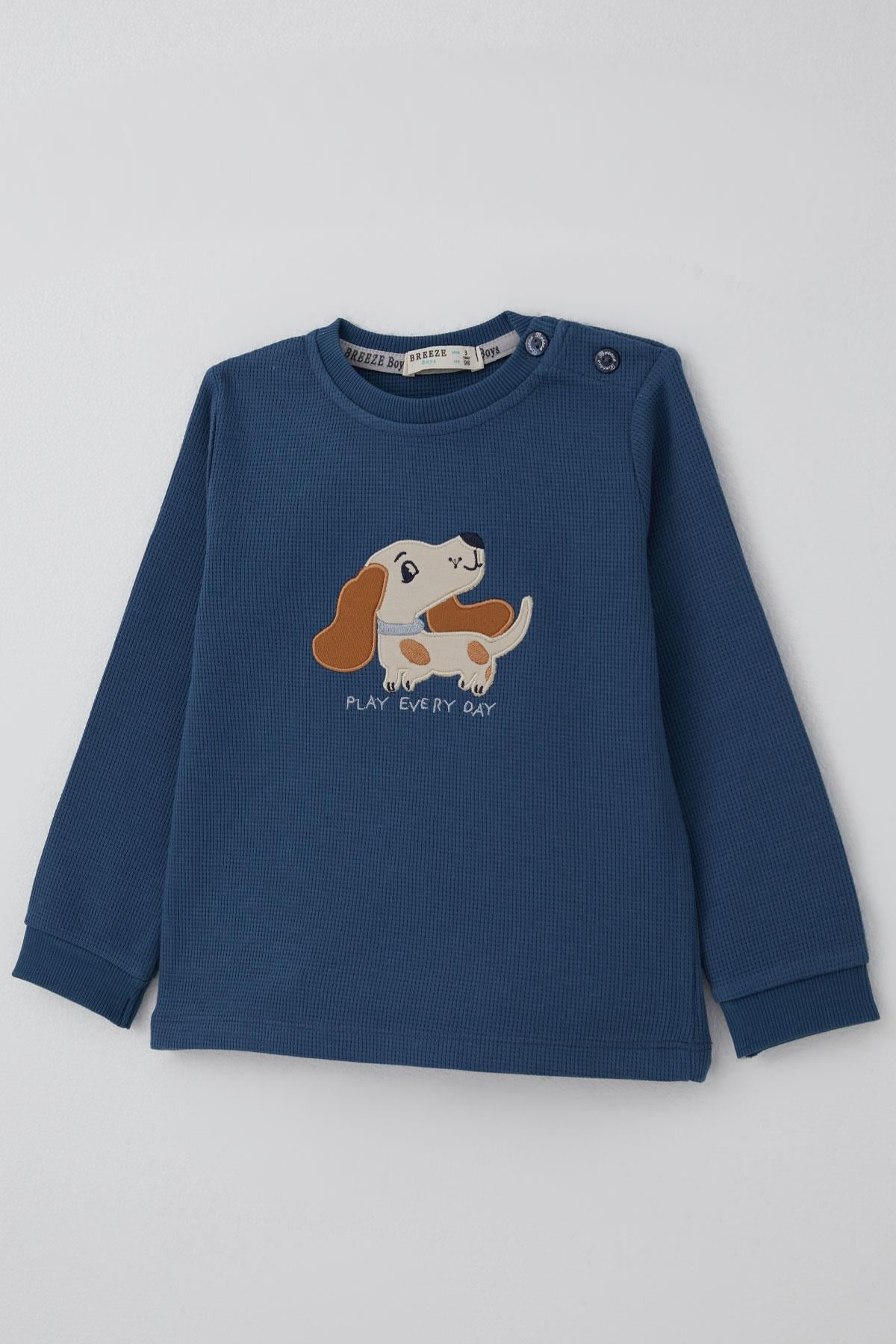 Breeze Erkek Bebek Eşofman Takımı Sevimli Köpekçik Nakışlı İndigo (9 Ay-3 Yaş)
