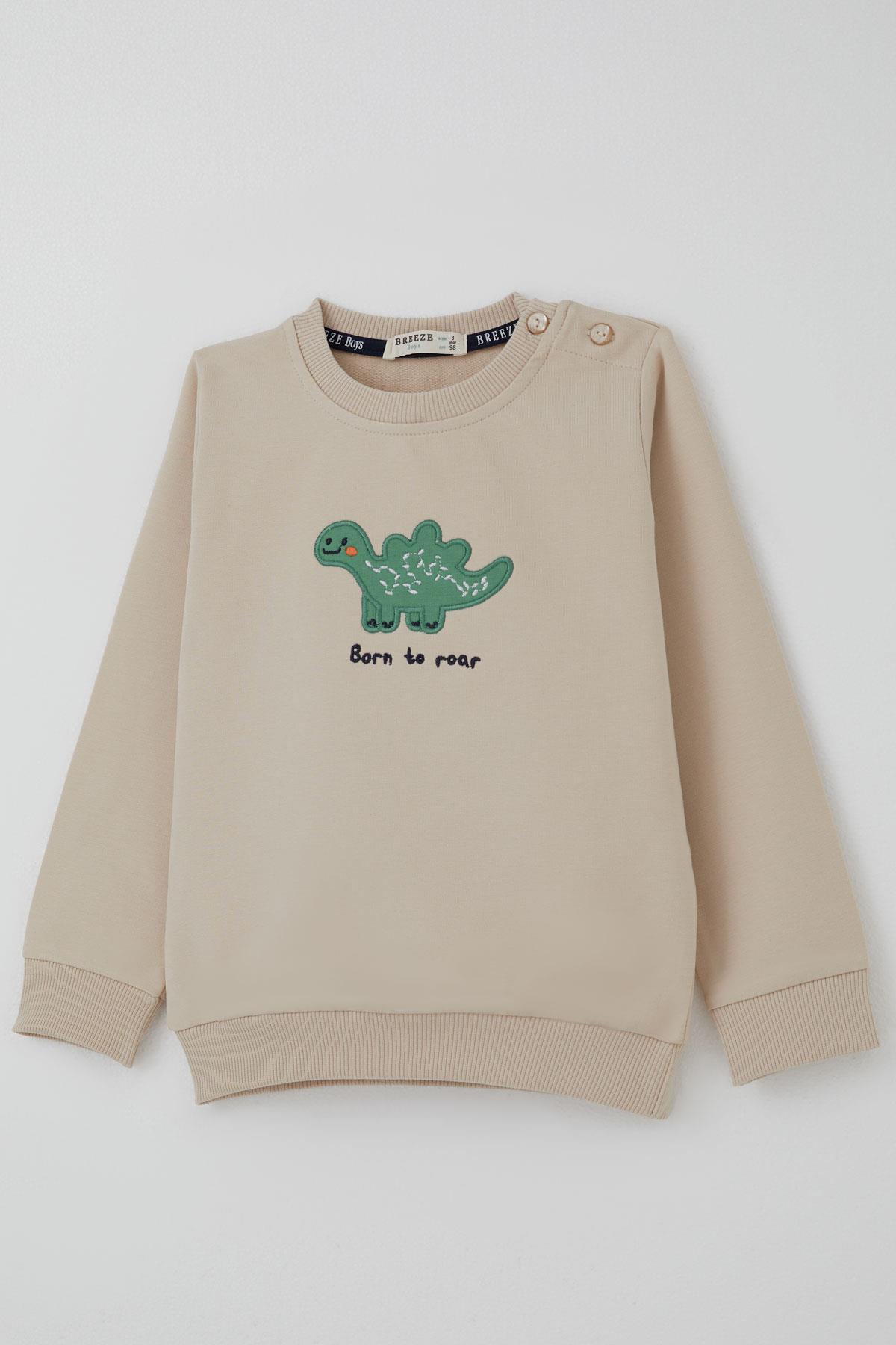 Breeze Erkek Bebek Eşofman Takımı Sevimli Dinozor Nakışlı Bej (9 Ay-3 Yaş)