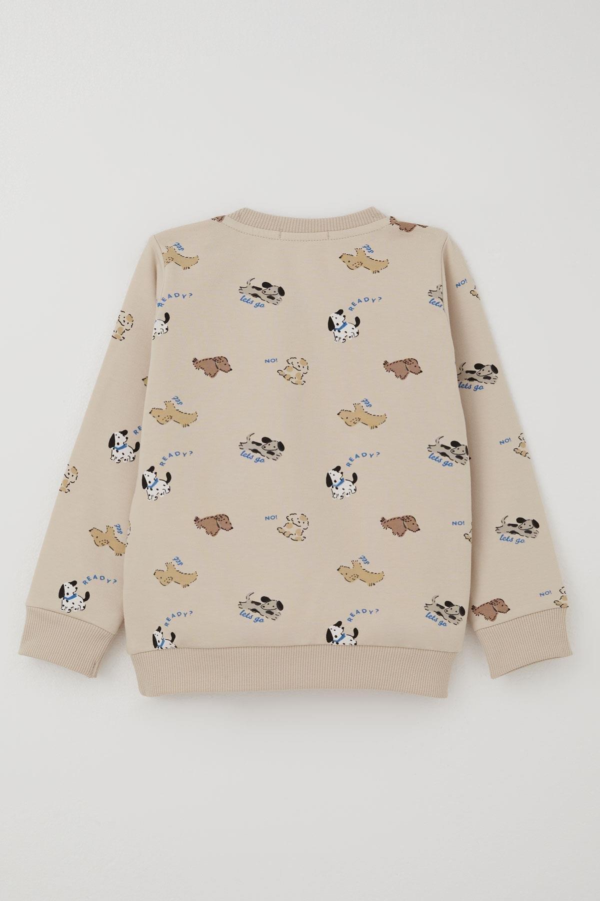 Breeze Erkek Bebek Eşofman Takımı Sevimli Köpekçikler Desenli Bej (9 Ay-3 Yaş)