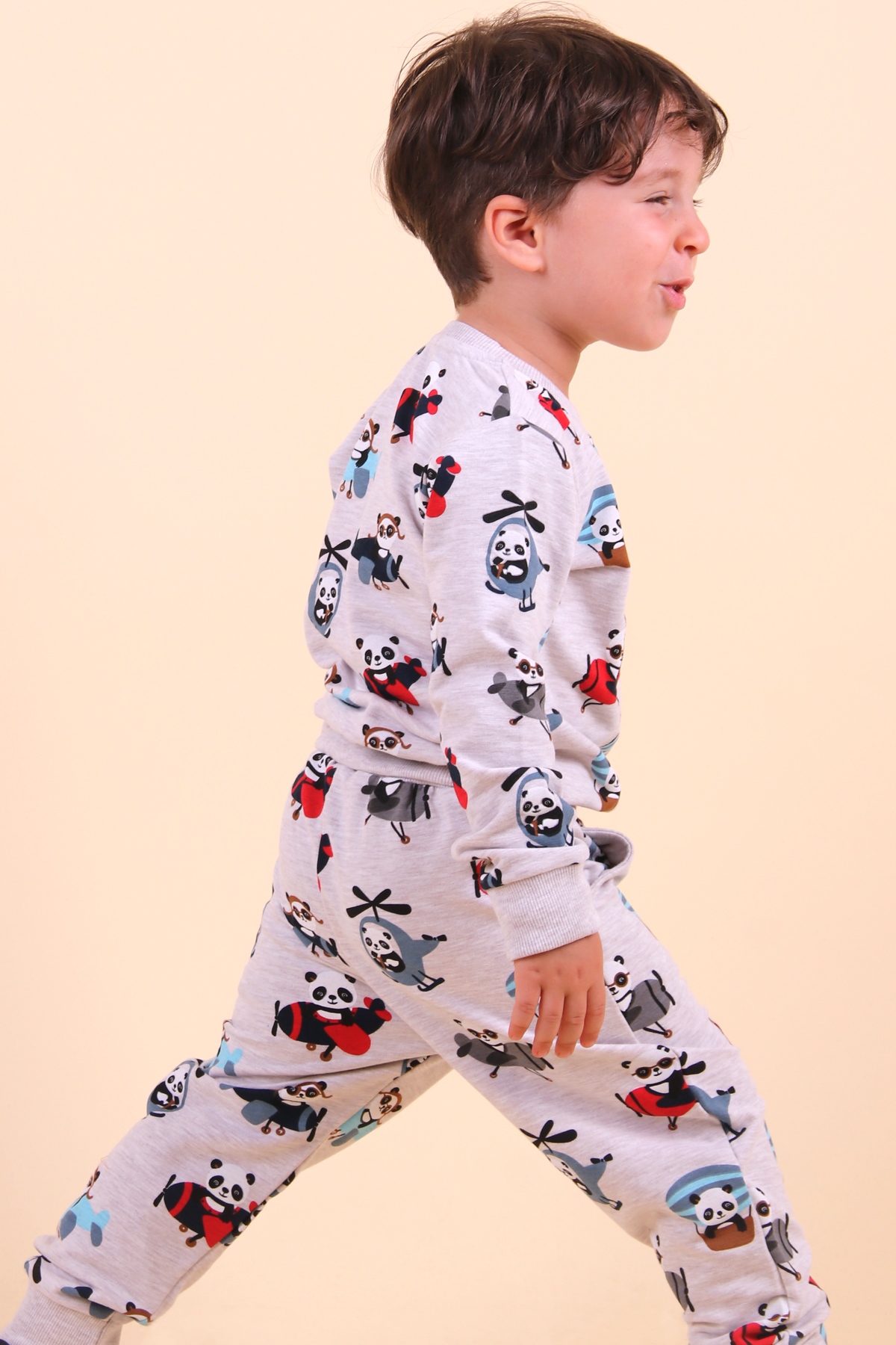 Breeze Erkek Bebek Eşofman Takımı Uçak Kullanan Panda Nakışlı Bej (6 Ay-2 Yaş)