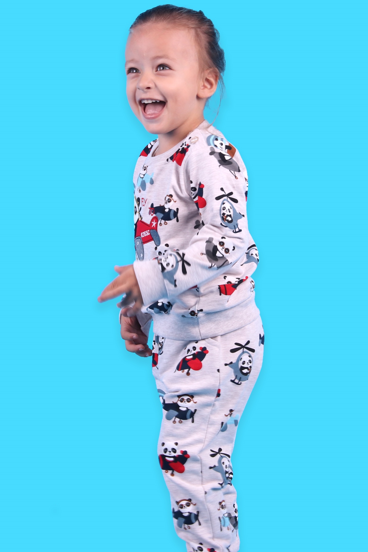 Breeze Erkek Bebek Eşofman Takımı Uçak Kullanan Panda Nakışlı Bej (6 Ay-2 Yaş)
