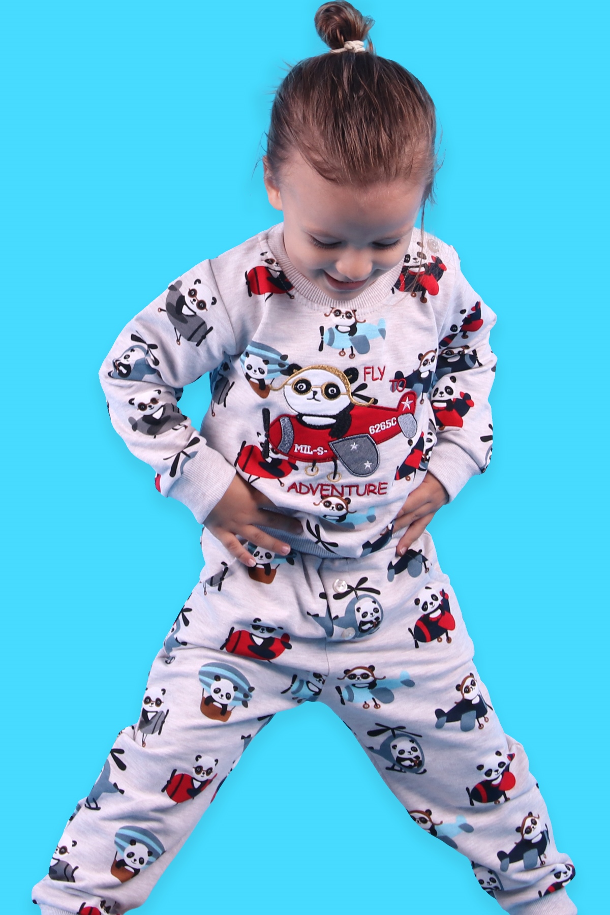 Breeze Erkek Bebek Eşofman Takımı Uçak Kullanan Panda Nakışlı Bej (6 Ay-2 Yaş)