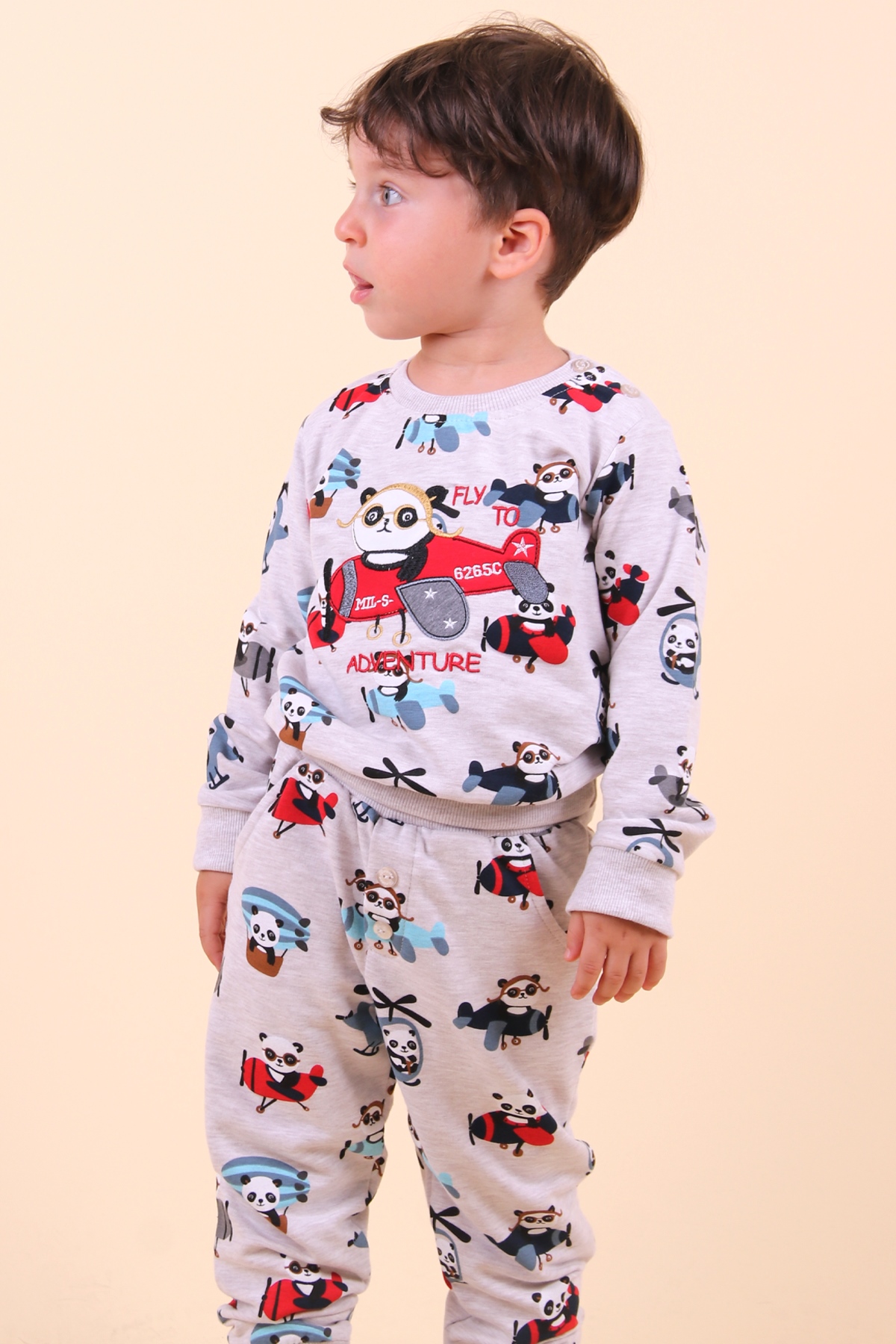 Breeze Erkek Bebek Eşofman Takımı Uçak Kullanan Panda Nakışlı Bej (6 Ay-2 Yaş)