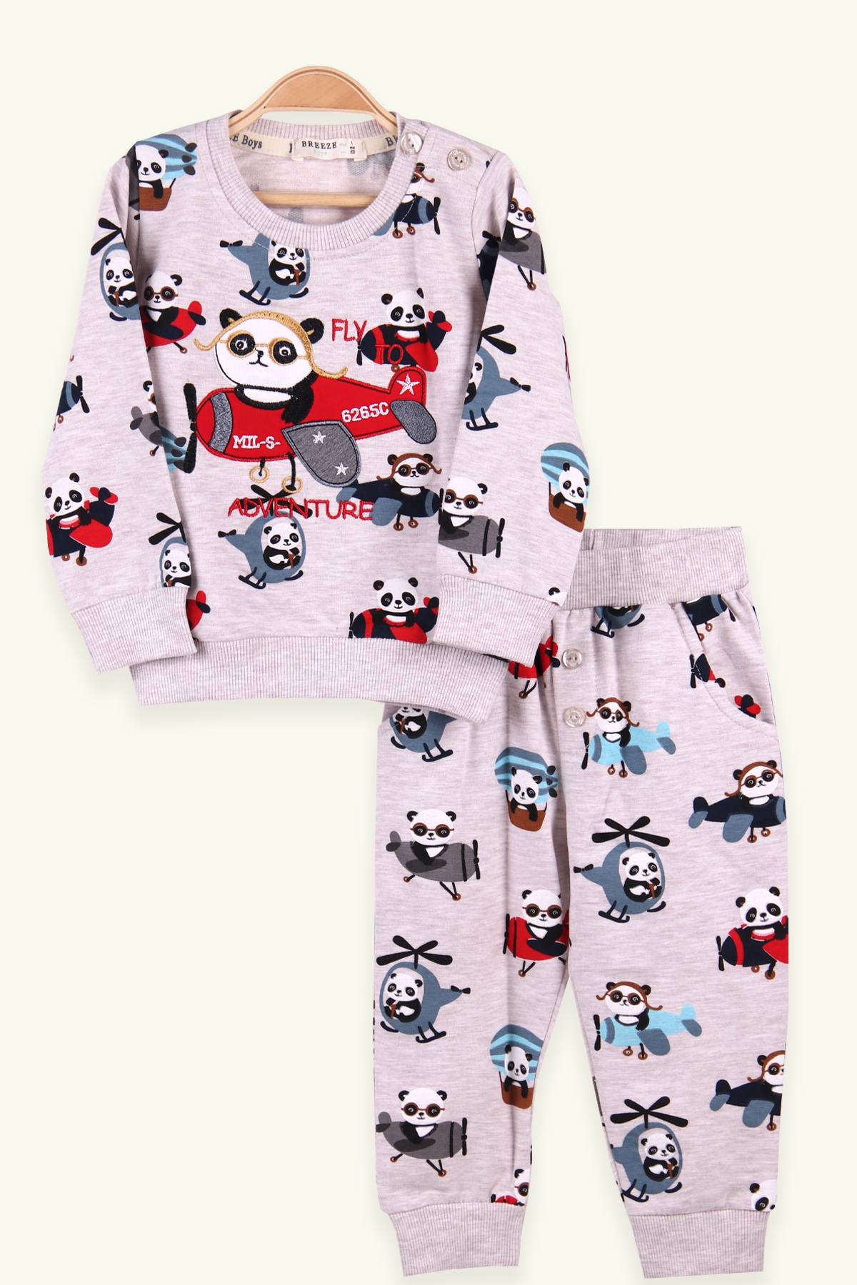 Breeze Erkek Bebek Eşofman Takımı Uçak Kullanan Panda Nakışlı Bej (6 Ay-2 Yaş)