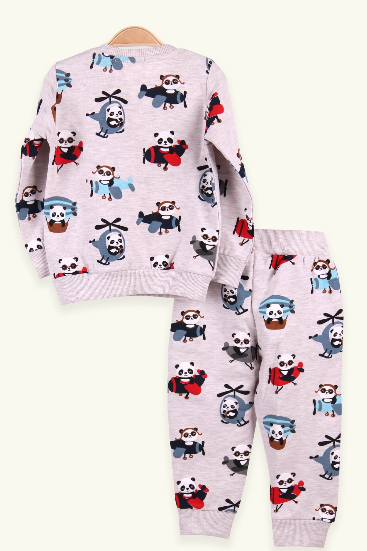 Breeze Erkek Bebek Eşofman Takımı Uçak Kullanan Panda Nakışlı Bej (6 Ay-2 Yaş)