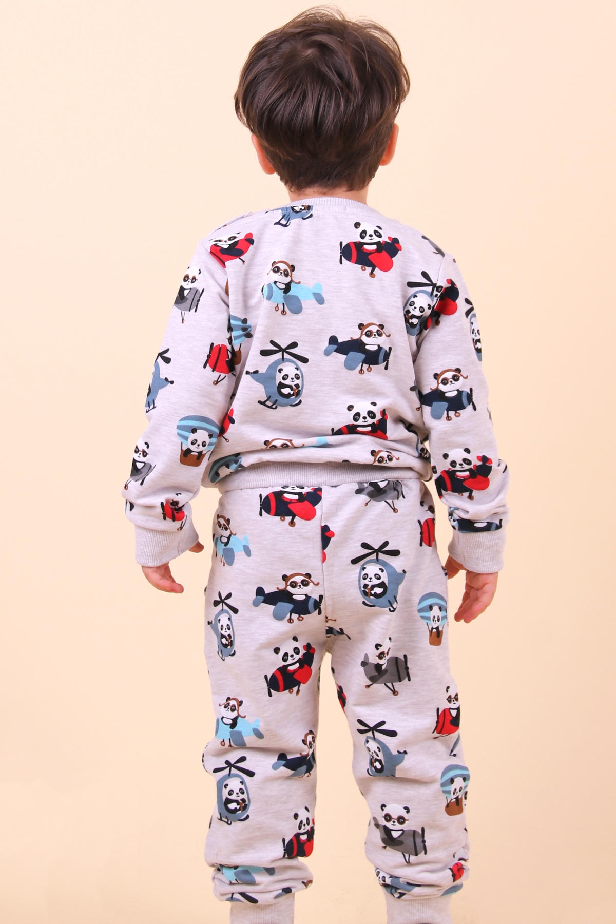 Breeze Erkek Bebek Eşofman Takımı Uçak Kullanan Panda Nakışlı Bej (6 Ay-2 Yaş)