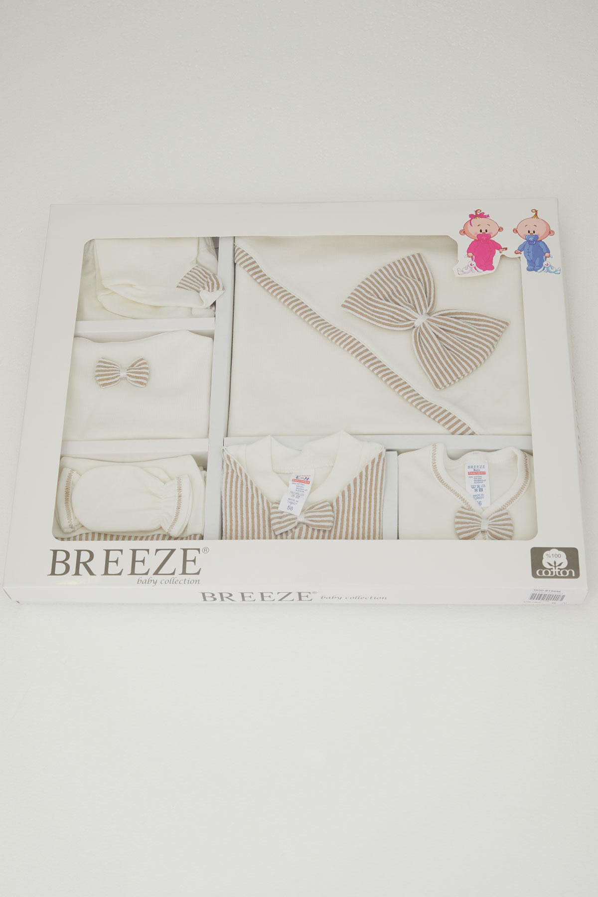 Breeze Erkek Bebek Hastane Çıkışı 10 lu Sabit Yelekli Fiyonk Aksesuarlı Ekru (0-3 Ay)