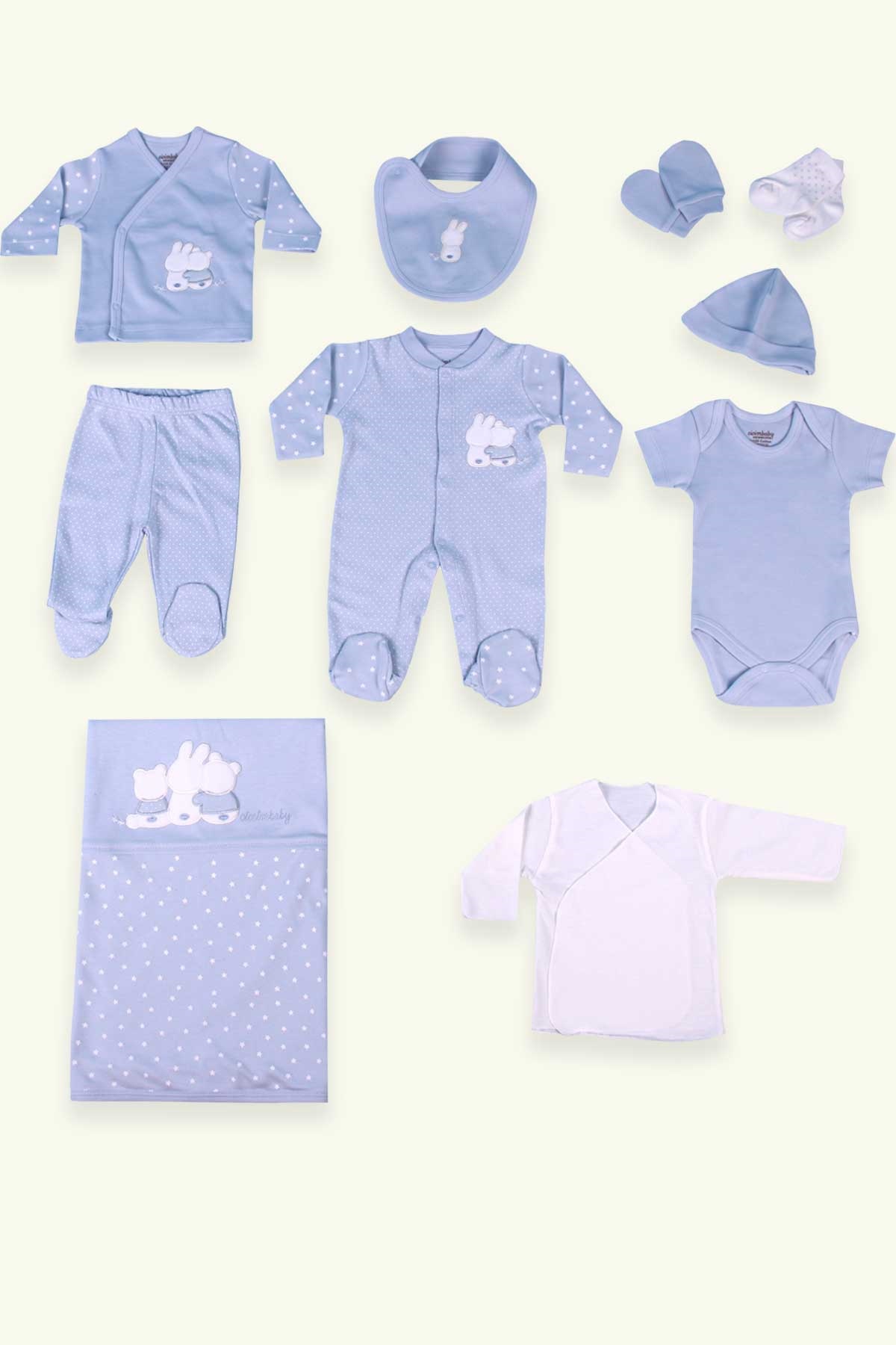 Breeze Erkek Bebek Hastane Çıkışı 10 lu Tavşan Nakışlı Bebe Mavisi (0-3 Ay)