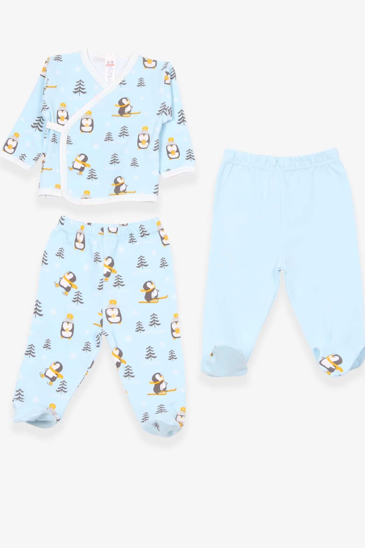 Breeze Erkek Bebek Hastane Çıkışı 3 lü Penguen Desenli Açık Mavi (0-3 Ay-4 Ay)