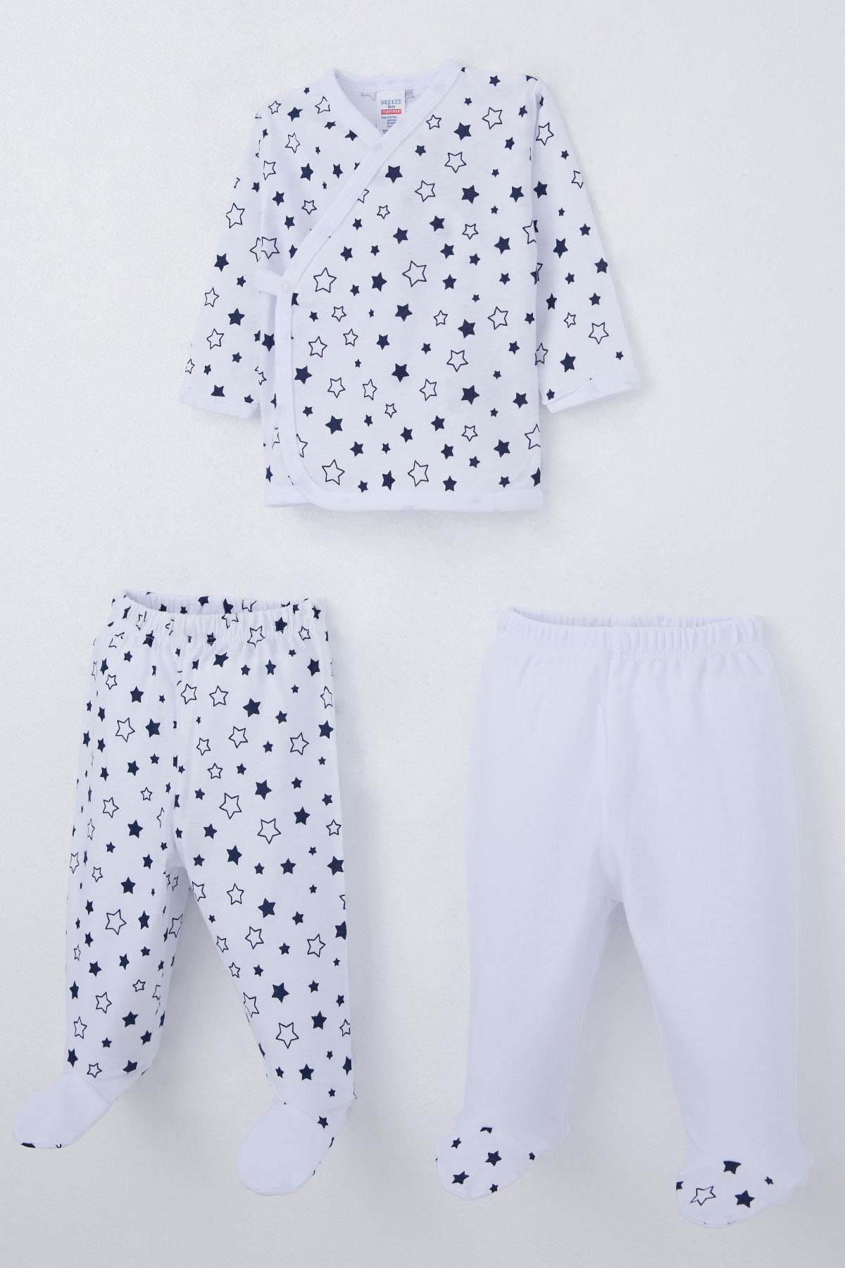 Breeze Erkek Bebek Hastane Çıkışı 3 lü Yıldız Desenli Beyaz (0-4 Ay)