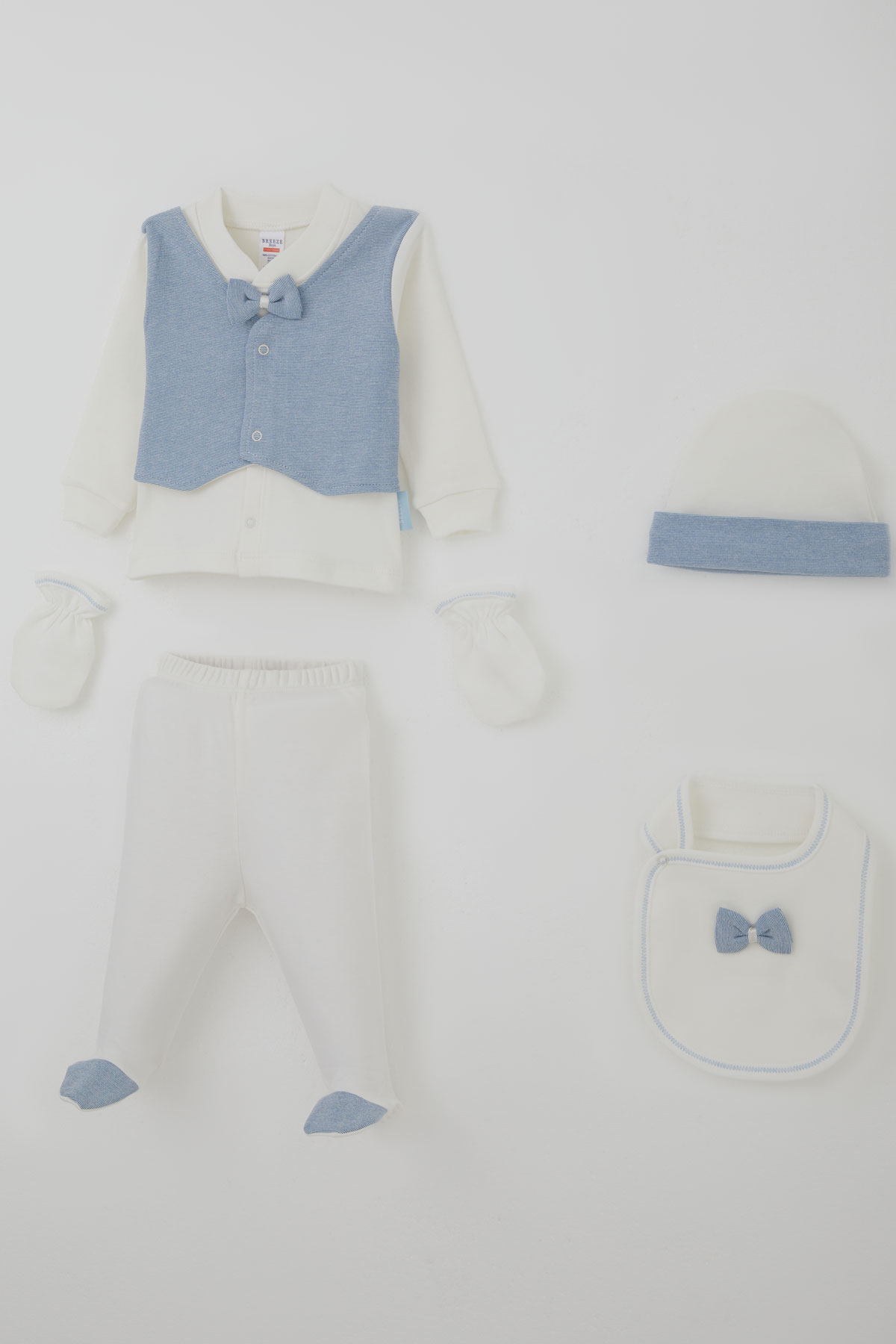 Breeze Erkek Bebek Hastane Çıkışı 5 li Sabit Yelek & Papyonlu Ekru (0-3 Ay)