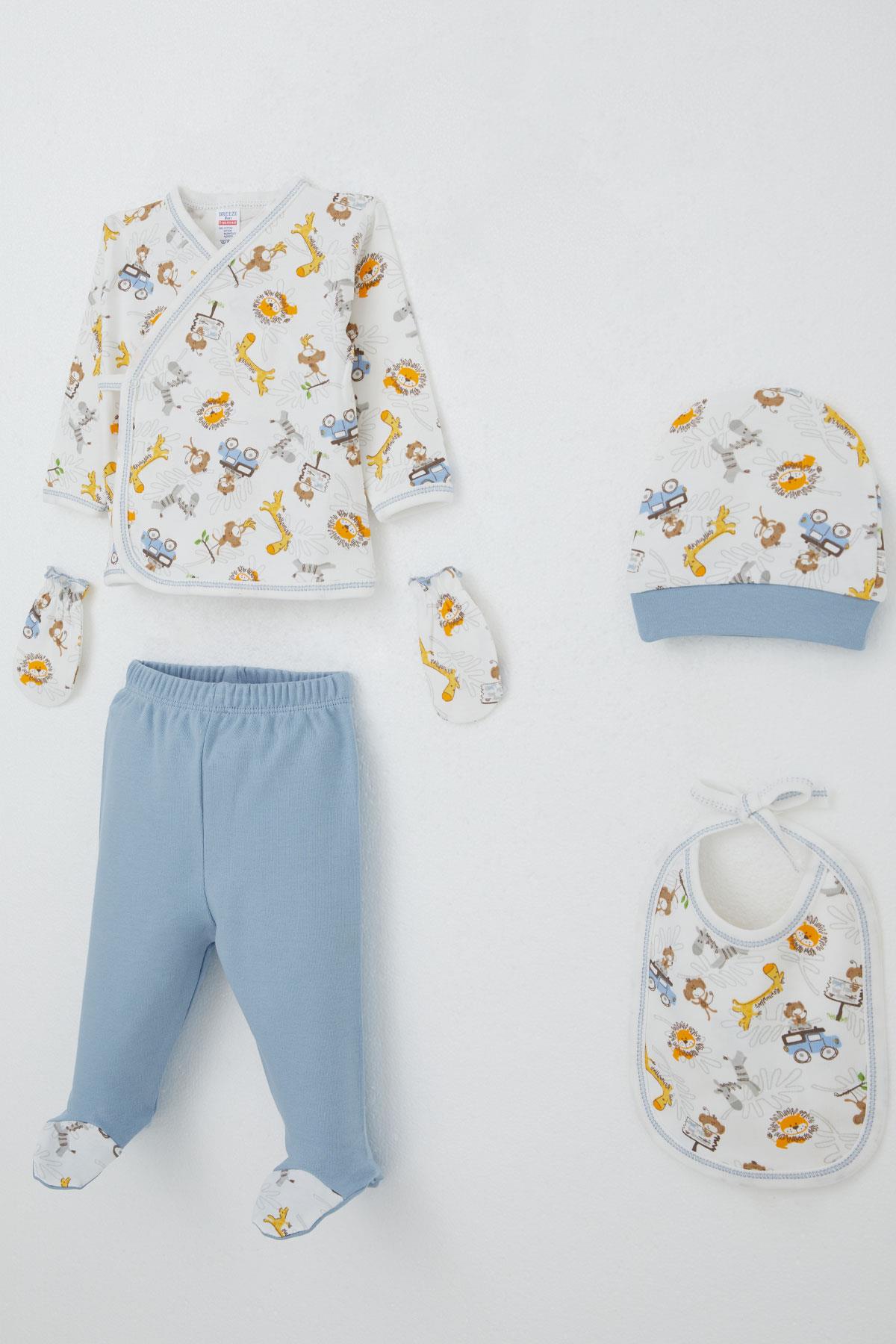 Breeze Erkek Bebek Hastane Çıkışı 5 li Safari Macerası Sevimli Hayvancıklar Desenli Beyaz (0-3 Ay)