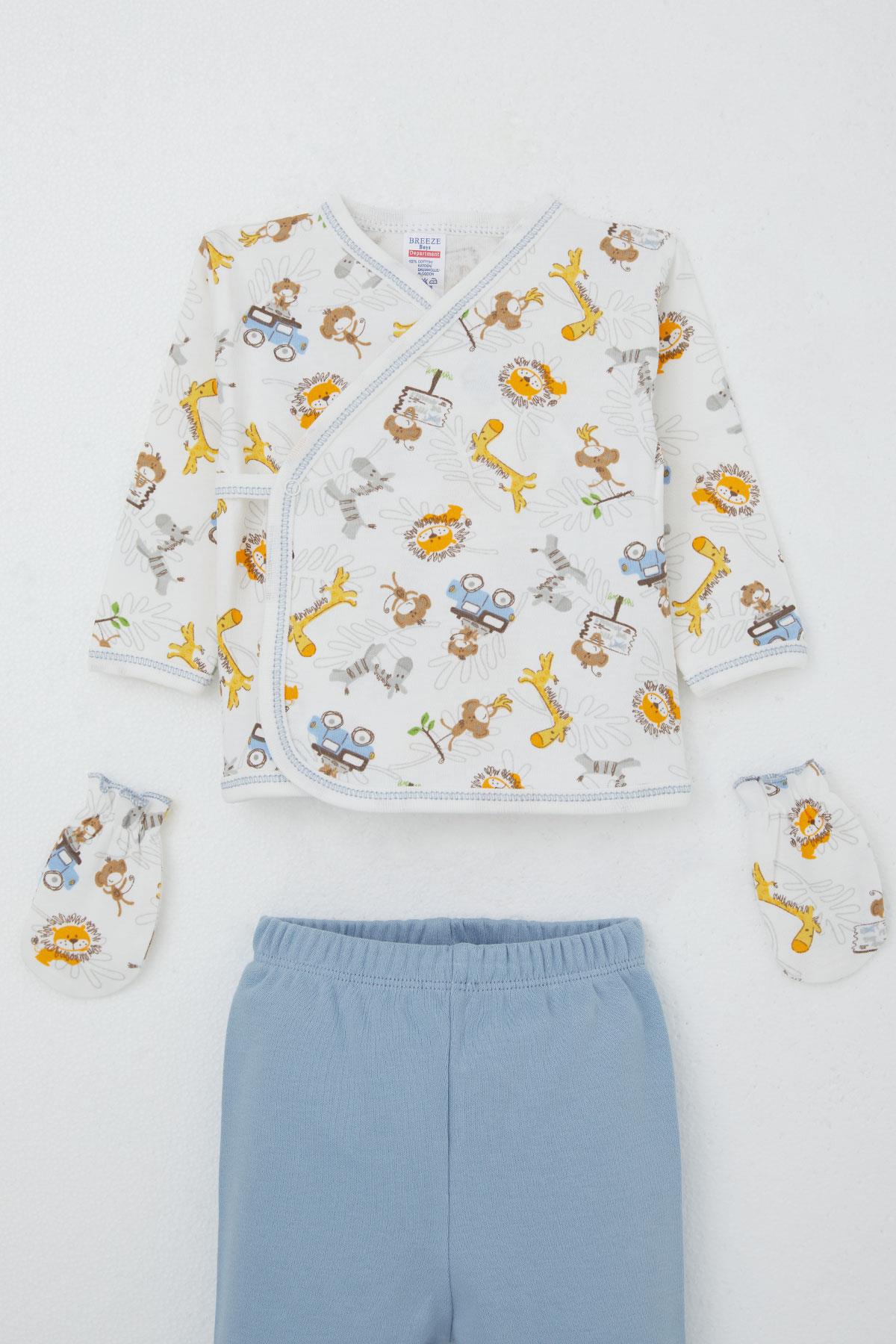 Breeze Erkek Bebek Hastane Çıkışı 5 li Safari Macerası Sevimli Hayvancıklar Desenli Beyaz (0-3 Ay)