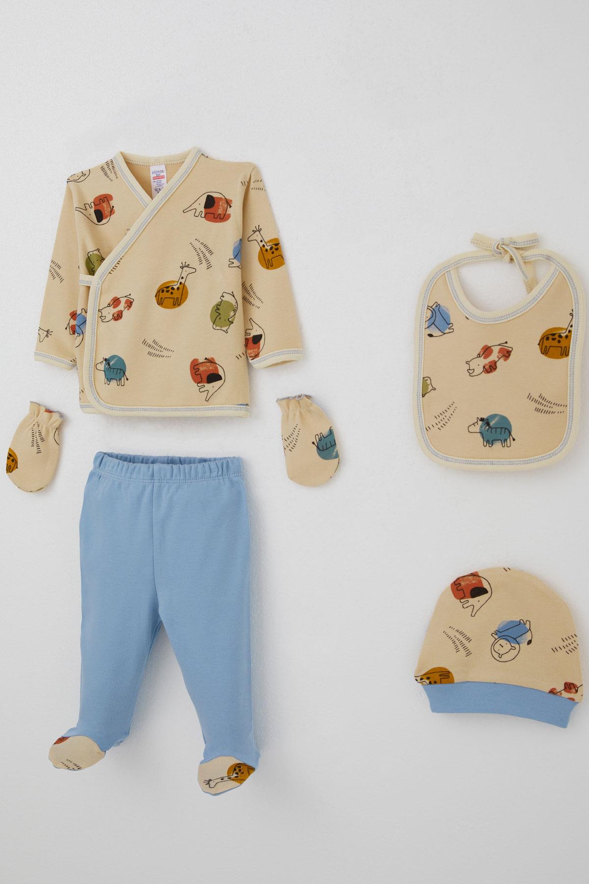 Breeze Erkek Bebek Hastane Çıkışı 5 li Sevimli Hayvancıklar Desenli Bej (0-3 Ay)