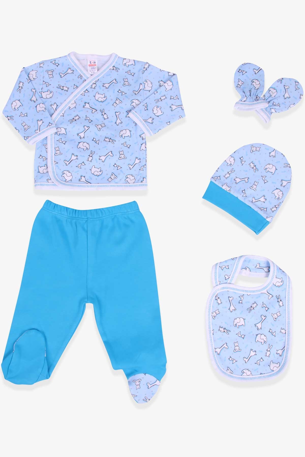 Breeze Erkek Bebek Hastane Çıkışı 5 li Set Hayvan Desenli Bebe Mavisi (0-3 Ay)