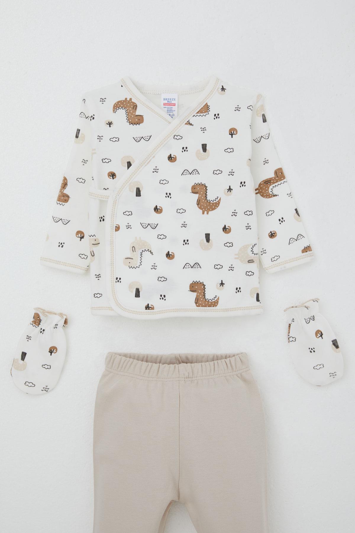 Breeze Erkek Bebek Hastane Çıkışı 5 li Doğa Temalı Sevimli Minik Dinozor Desenli Ekru (0-3 Ay)