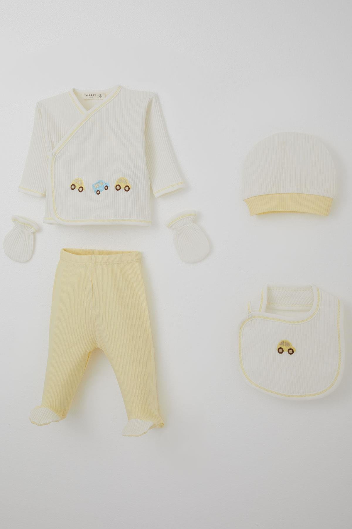 Breeze Erkek Bebek Hastane Çıkışı 5 li Renkli Araba Nakışlı Ekru (0-3 Ay)