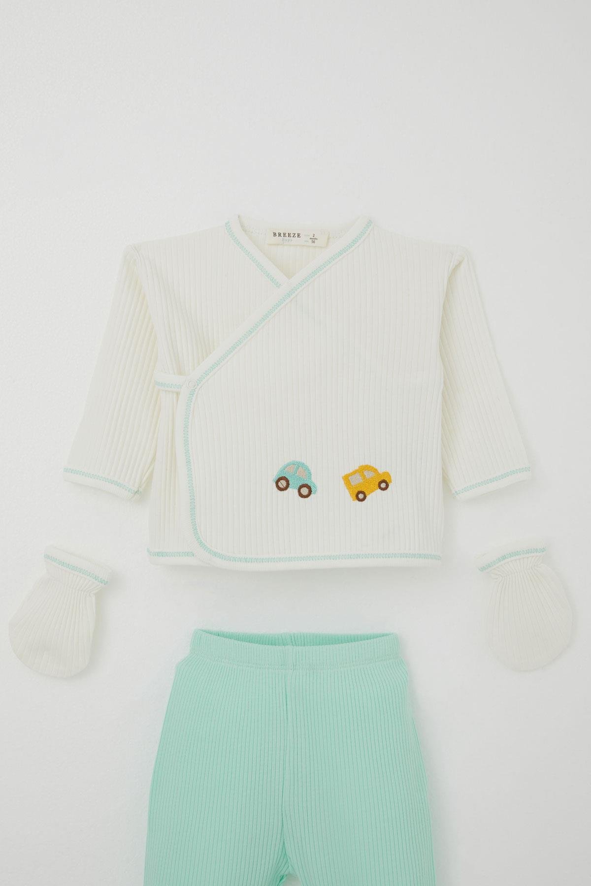 Breeze Erkek Bebek Hastane Çıkışı 5 li Renkli Araba Nakışlı Ekru (0-3 Ay)