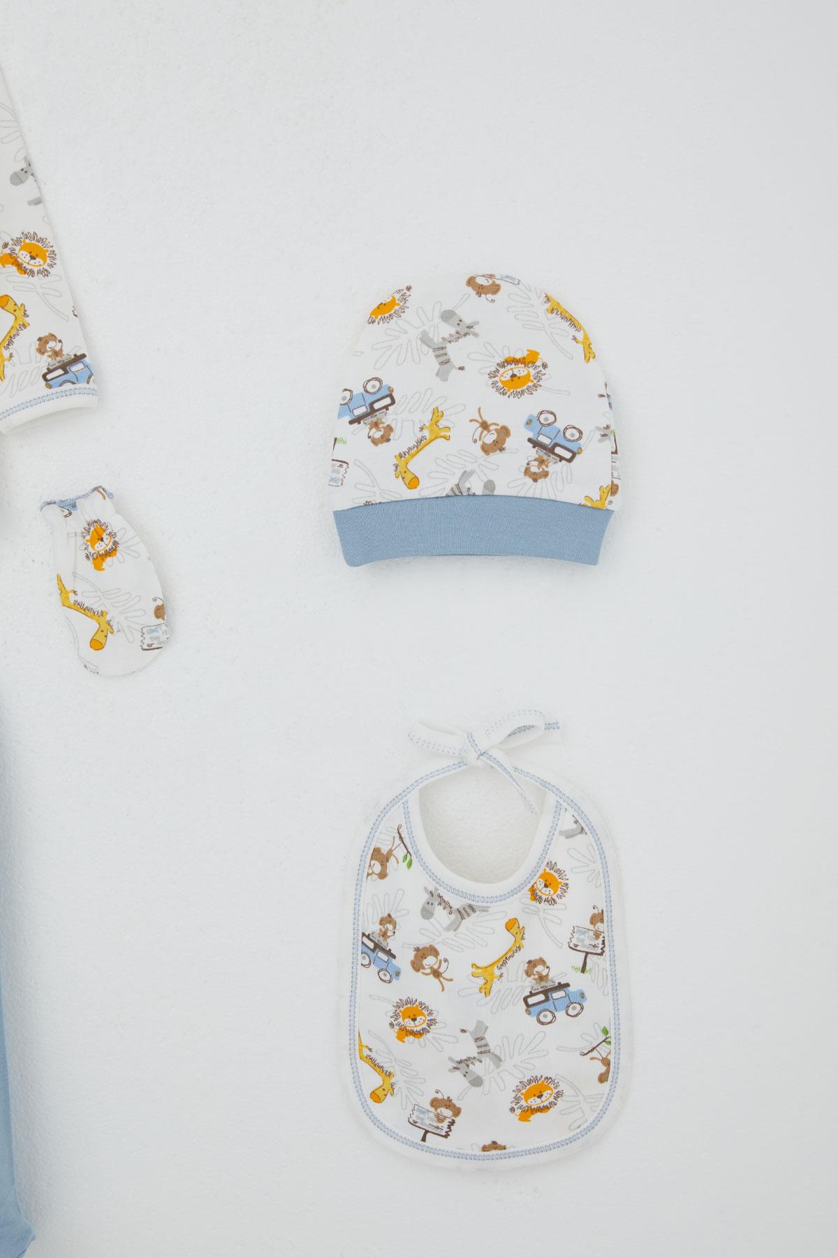 Breeze Erkek Bebek Hastane Çıkışı 5 li Safari Macerası Sevimli Hayvancıklar Desenli Beyaz (0-3 Ay)