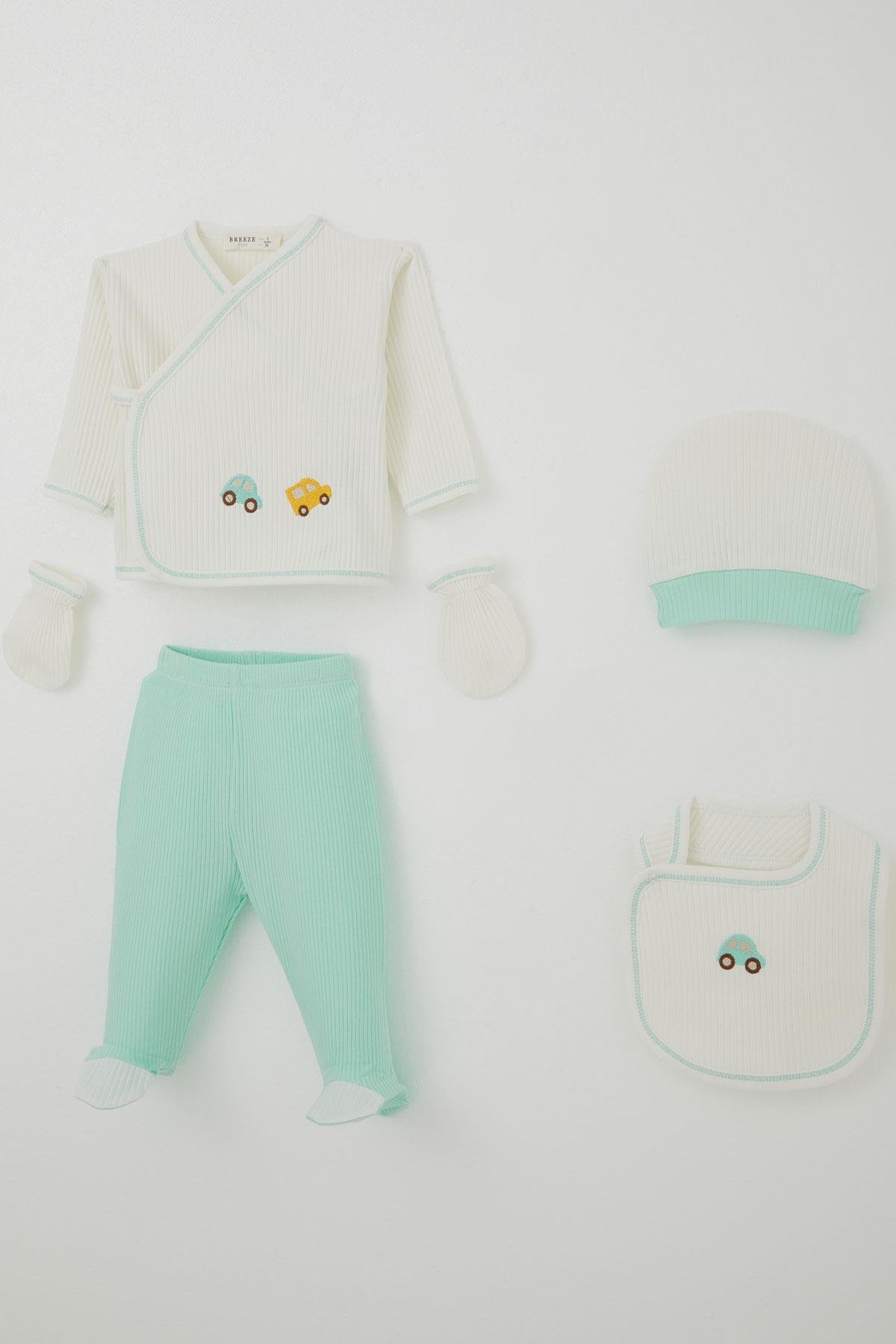 Breeze Erkek Bebek Hastane Çıkışı 5 li Renkli Araba Nakışlı Ekru (0-3 Ay)