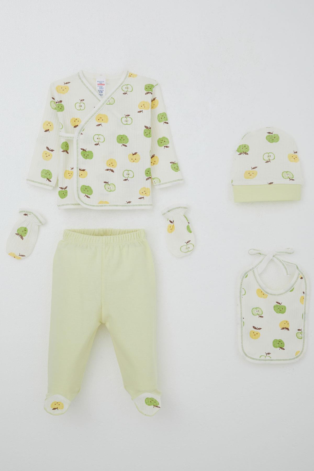 Breeze Erkek Bebek Hastane Çıkışı 5 li Sevimli Minik Elma Desenli Ekru (0-3 Ay)