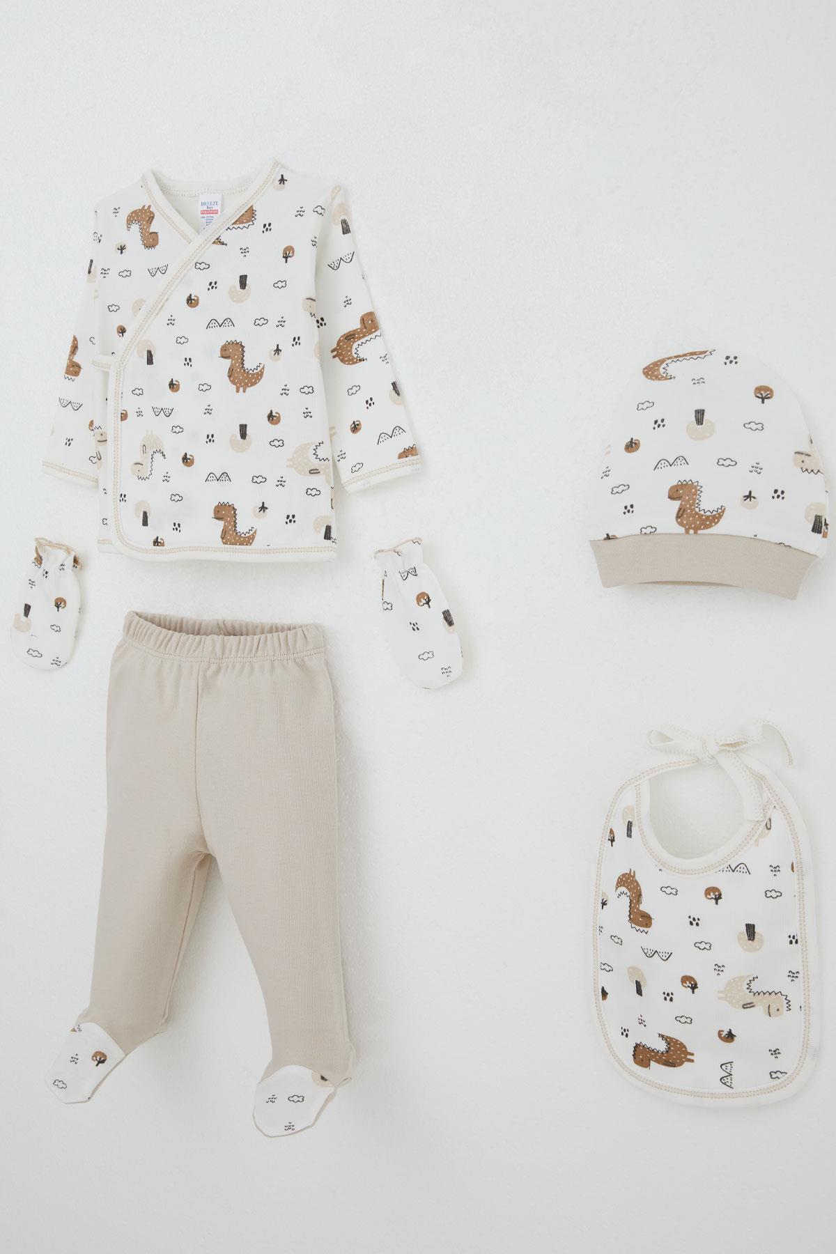 Breeze Erkek Bebek Hastane Çıkışı 5 li Doğa Temalı Sevimli Minik Dinozor Desenli Ekru (0-3 Ay)