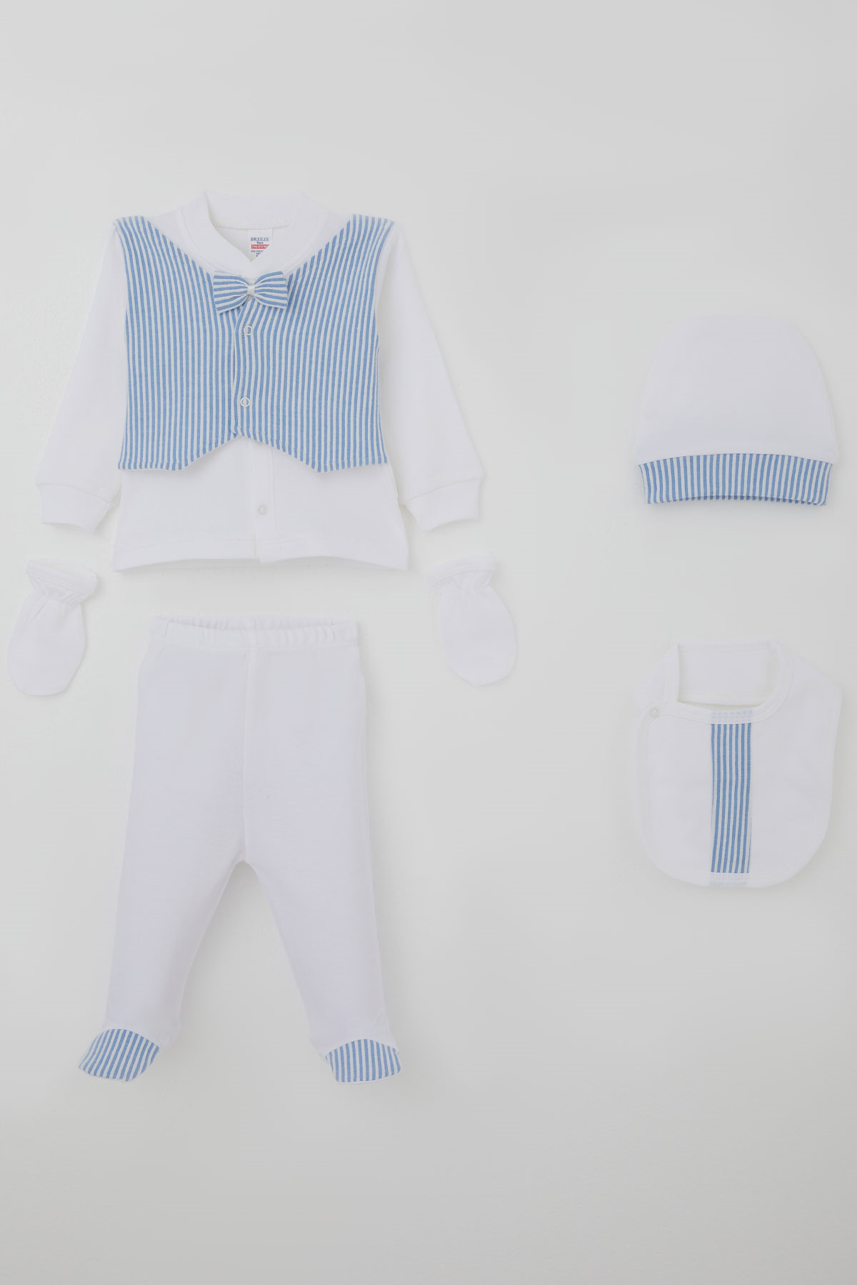Breeze Erkek Bebek Hastane Çıkışı 5 li Sabit Papyonlu Yelekli Ekru (0-3 Ay)