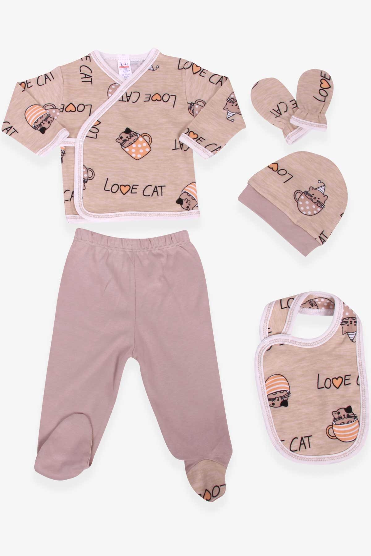 Breeze Erkek Bebek Hastane Çıkışı 5 li Kedi Desenli Bej (0-3 Ay)