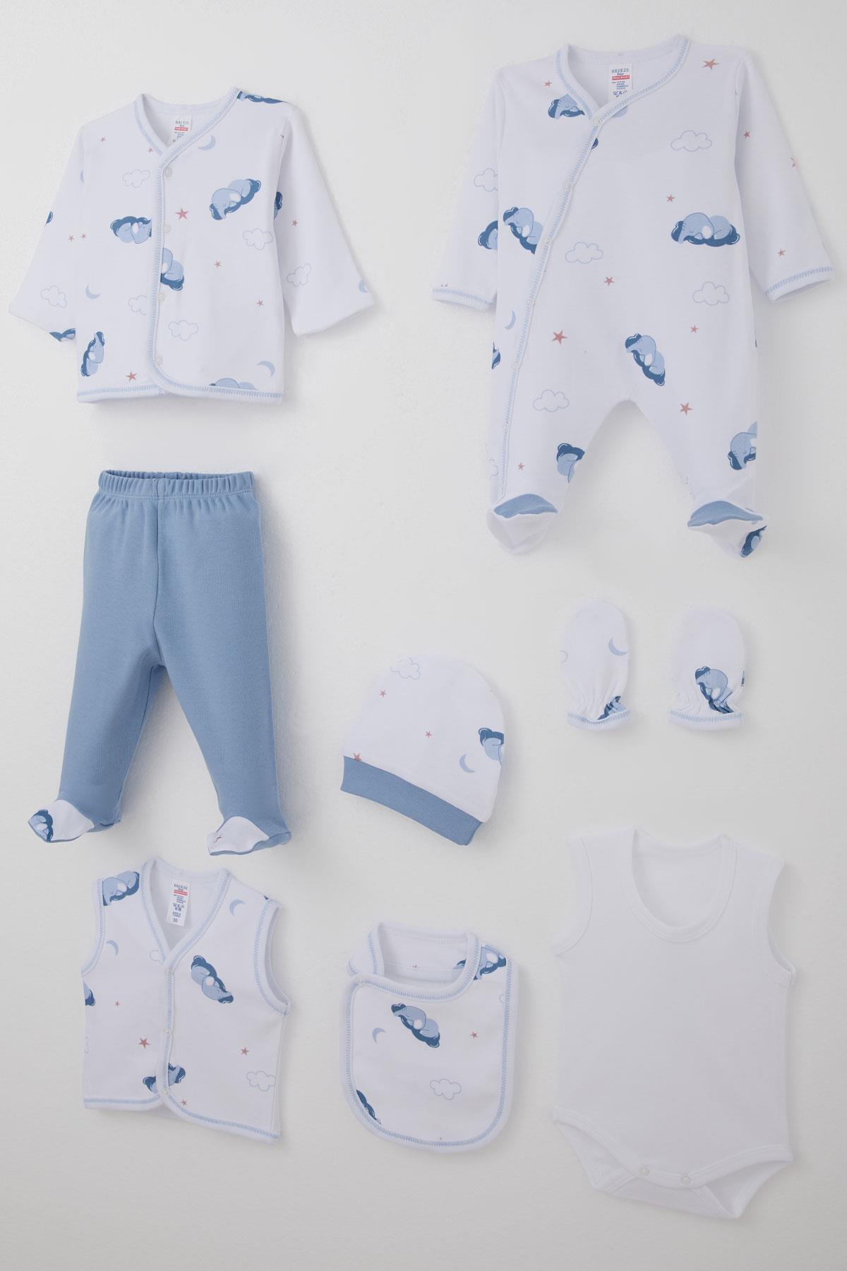 Breeze Erkek Bebek Hastane Çıkışı 8 li Gökyüzü Temalı Sevimli Uykucu Fil Desenli Beyaz (0-3 Ay)