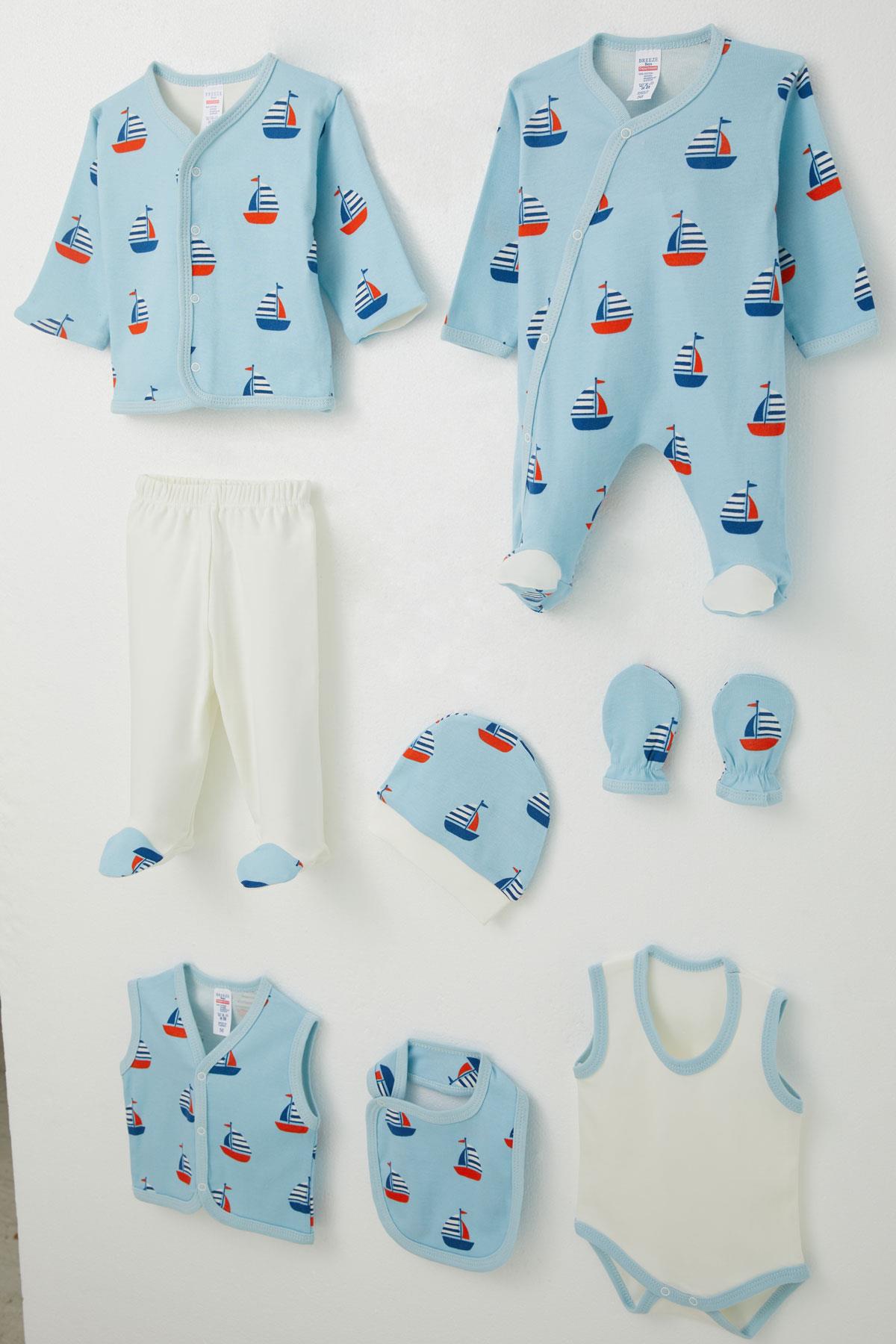 Breeze Erkek Bebek Hastane Çıkışı 8 li Yelken Desen Açık Mavi (0-3 Ay)