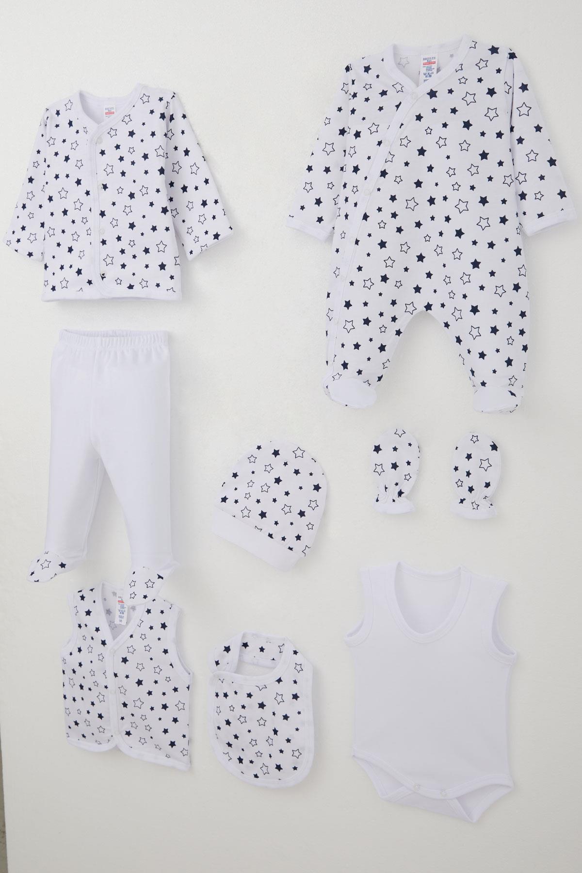 Breeze Erkek Bebek Hastane Çıkışı 8 li Yıldız Desenli Beyaz (0-3 Ay)