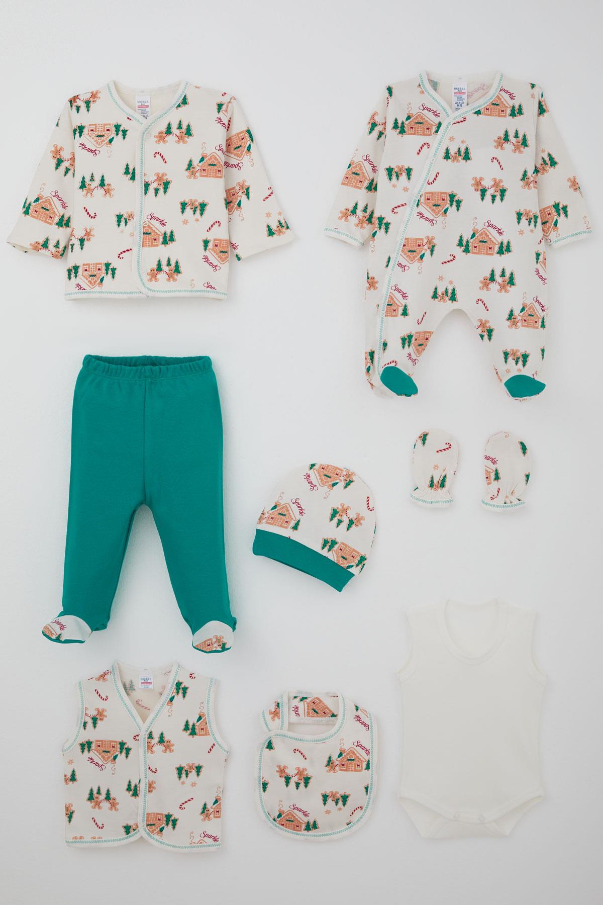 Breeze Erkek Bebek Hastane Çıkışı 8 li Yılbaşı Temalı Çam & Ev Desenli Krem (0-3 Ay)