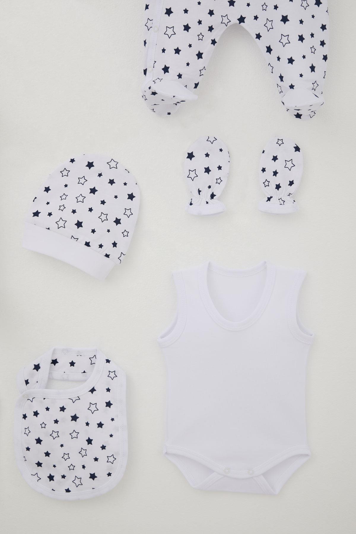 Breeze Erkek Bebek Hastane Çıkışı 8 li Yıldız Desenli Beyaz (0-3 Ay)