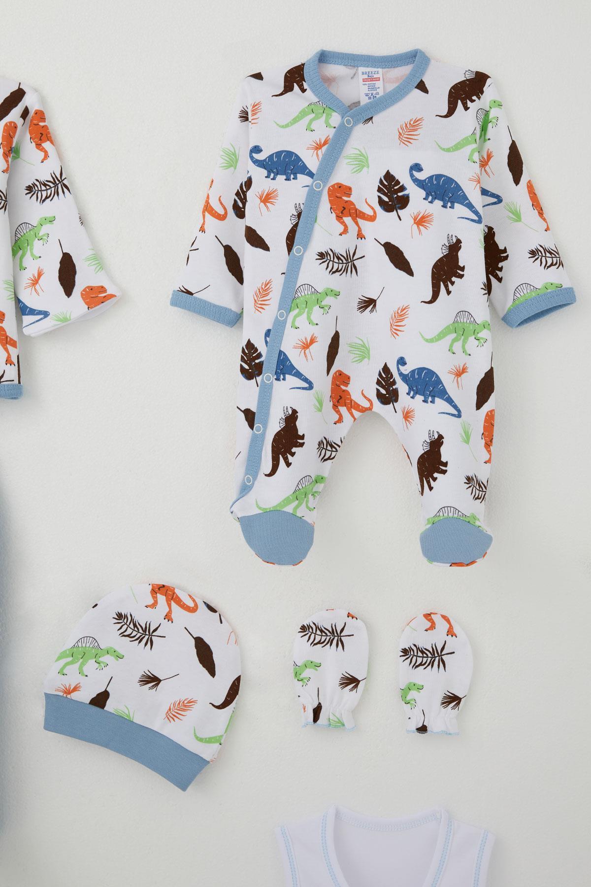Breeze Erkek Bebek Hastane Çıkışı 8 li Renki Dinozor Desenli Beyaz (0-3 Ay)