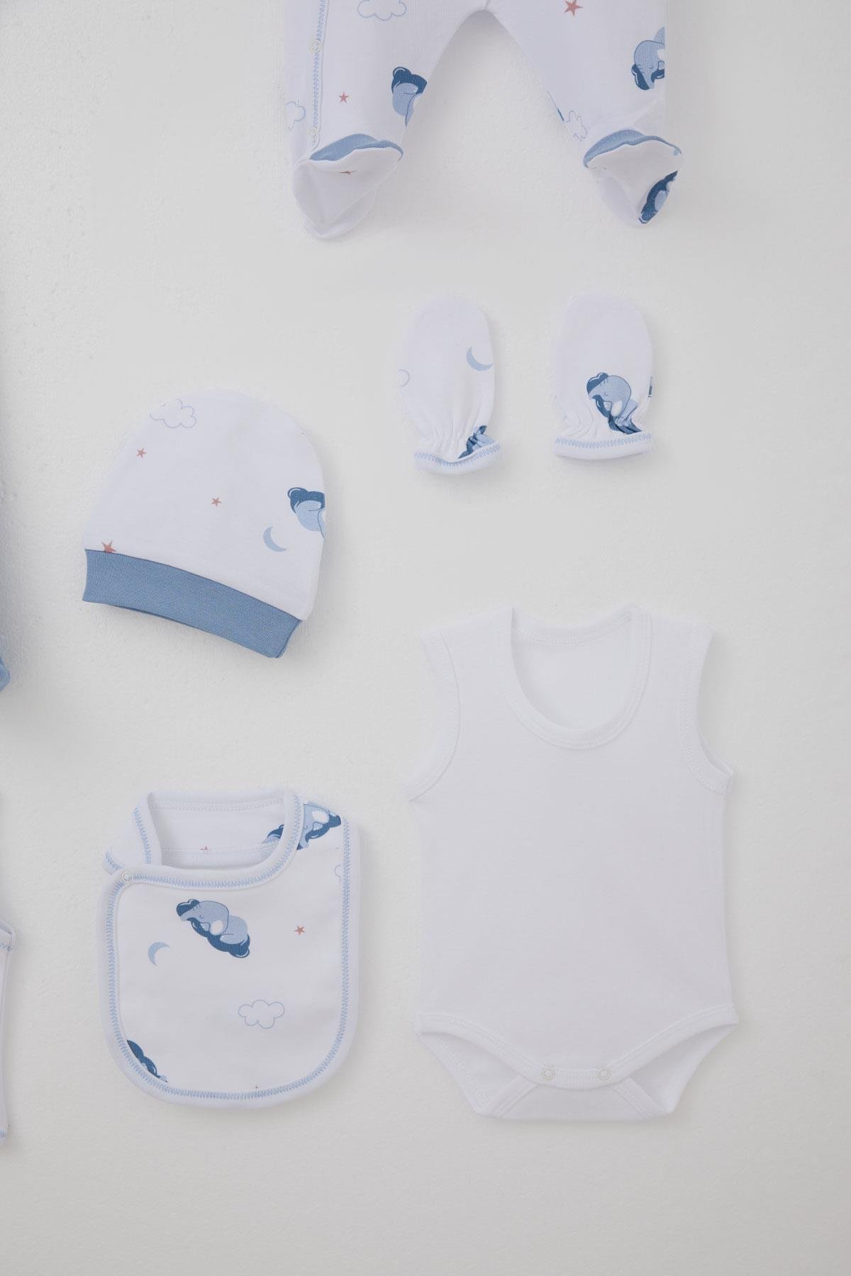 Breeze Erkek Bebek Hastane Çıkışı 8 li Gökyüzü Temalı Sevimli Uykucu Fil Desenli Beyaz (0-3 Ay)