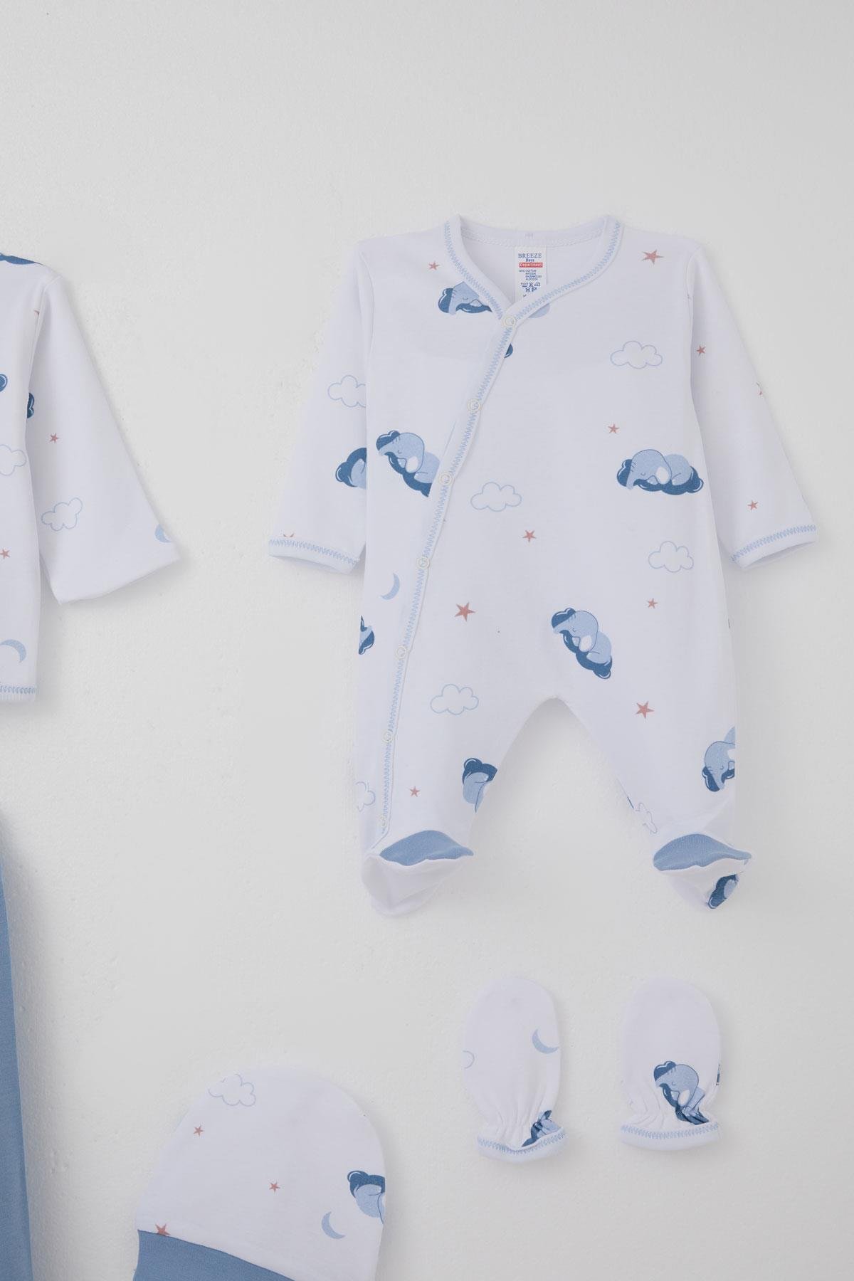 Breeze Erkek Bebek Hastane Çıkışı 8 li Gökyüzü Temalı Sevimli Uykucu Fil Desenli Beyaz (0-3 Ay)