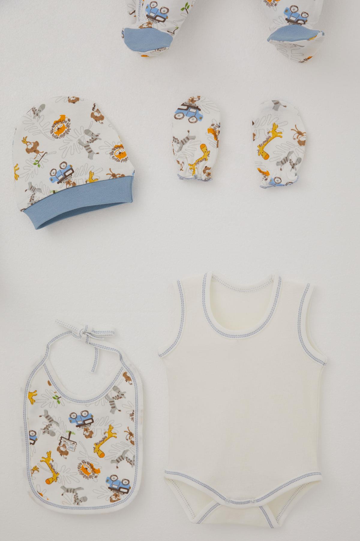 Breeze Erkek Bebek Hastane Çıkışı 8 li Safari Macerası Sevimli Hayvancıklar Desenli Ekru (0-3 Ay)