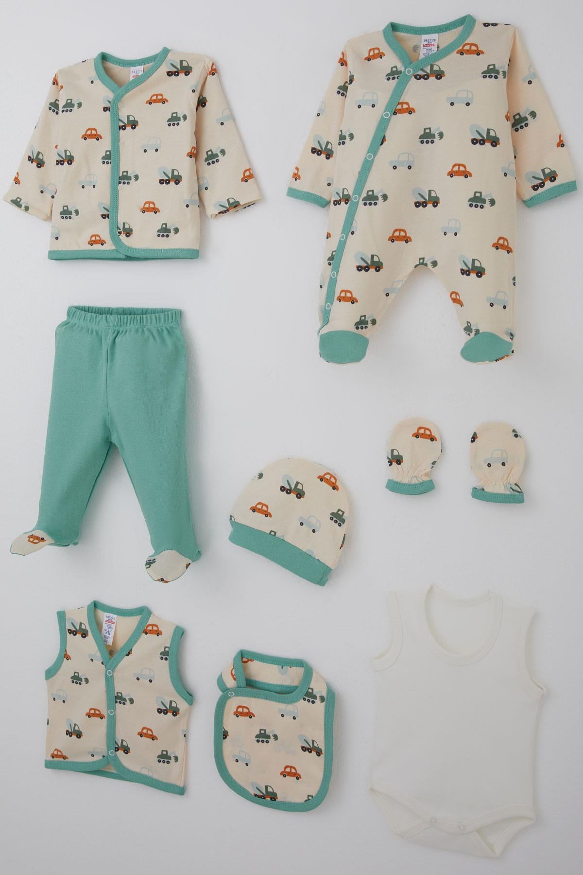 Breeze Erkek Bebek Hastane Çıkışı 8 li Renkli İş Makinesi Desenli Krem (0-3 Ay)