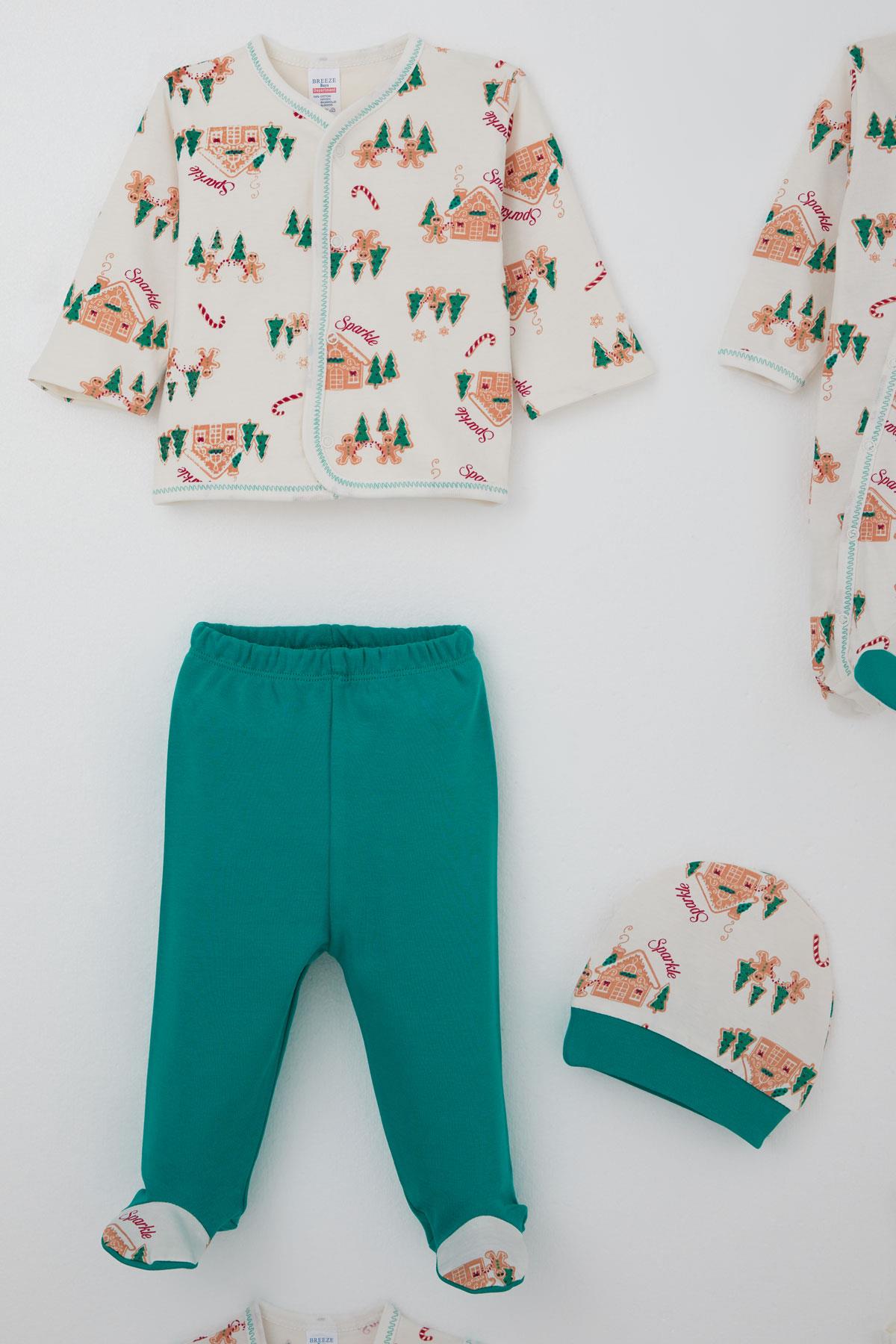 Breeze Erkek Bebek Hastane Çıkışı 8 li Yılbaşı Temalı Çam & Ev Desenli Krem (0-3 Ay)