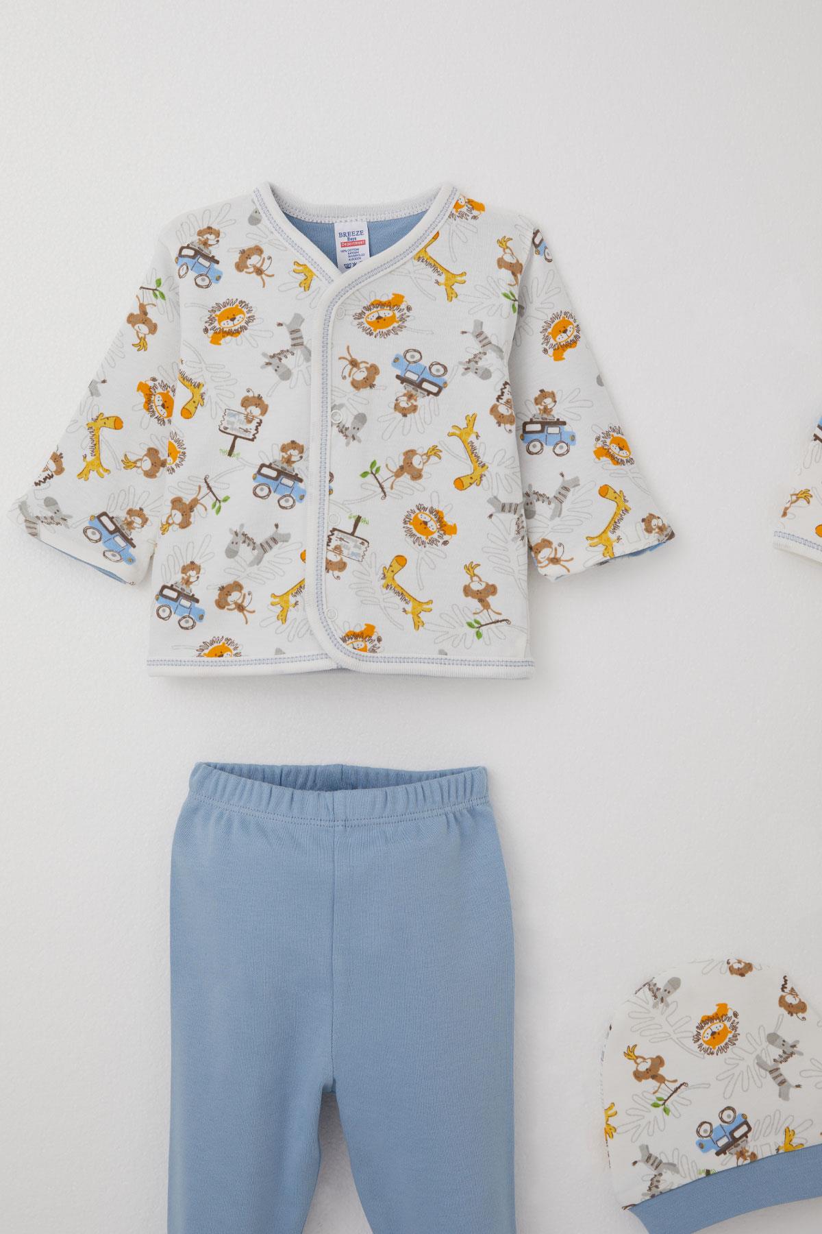 Breeze Erkek Bebek Hastane Çıkışı 8 li Safari Macerası Sevimli Hayvancıklar Desenli Ekru (0-3 Ay)