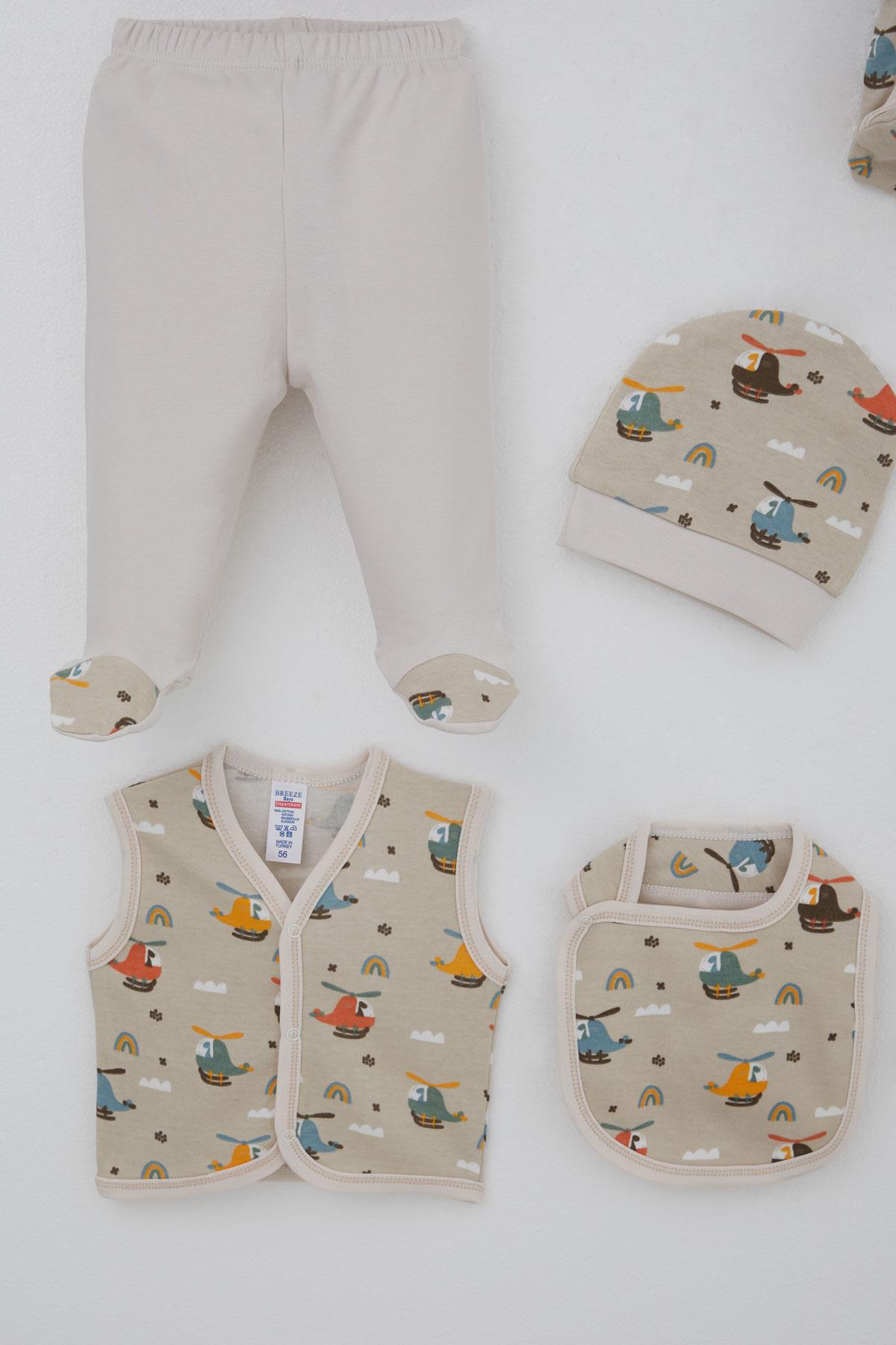 Breeze Erkek Bebek Hastane Çıkışı 8 li Gökyüzü Turu Pilot Dino Bej (0-3 Ay)